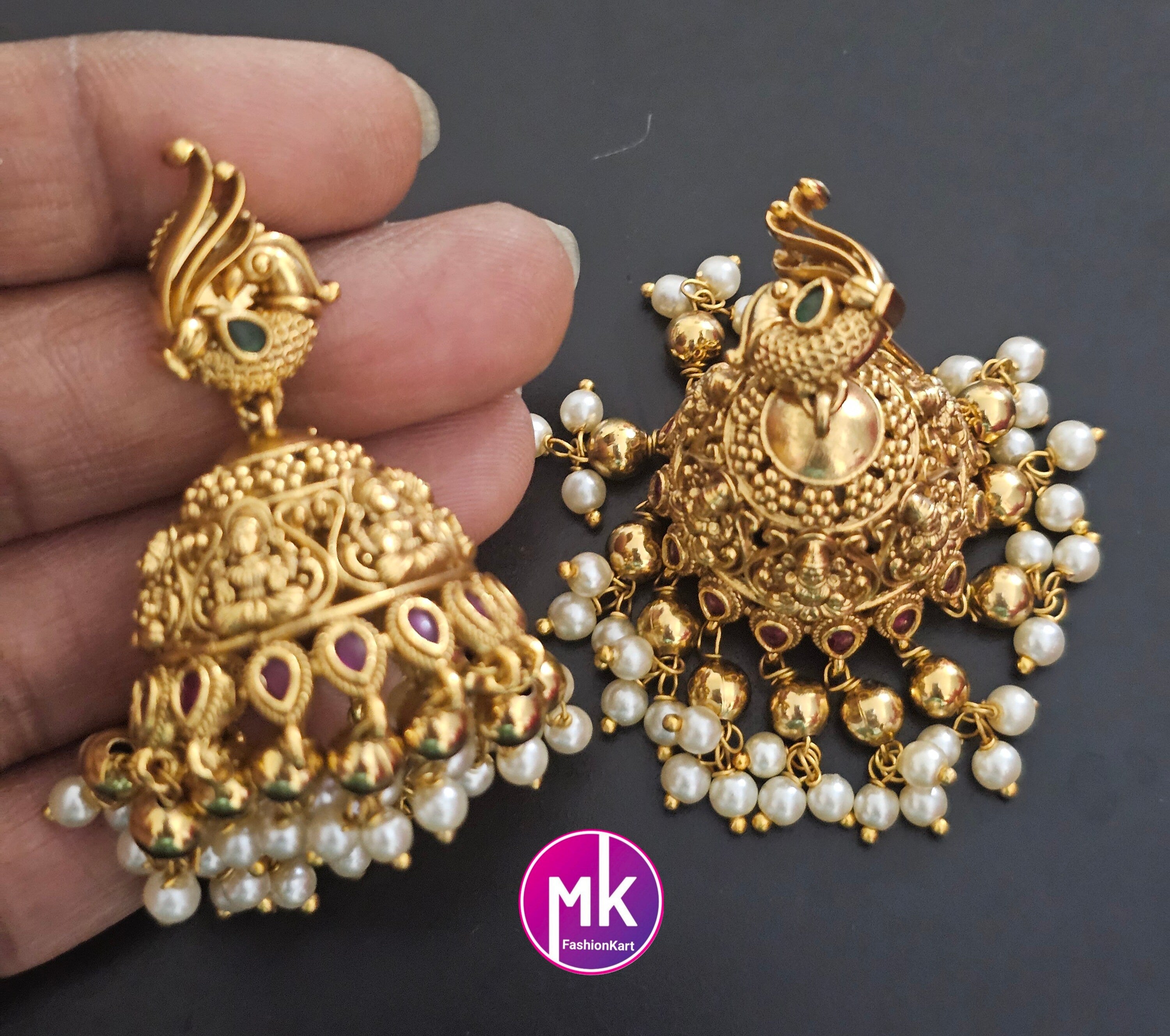 Lakshmi Peacock design Premium quality Gold Jewelry Replica Haram with big pendent with matching Big Jhumka - Bridal Haram