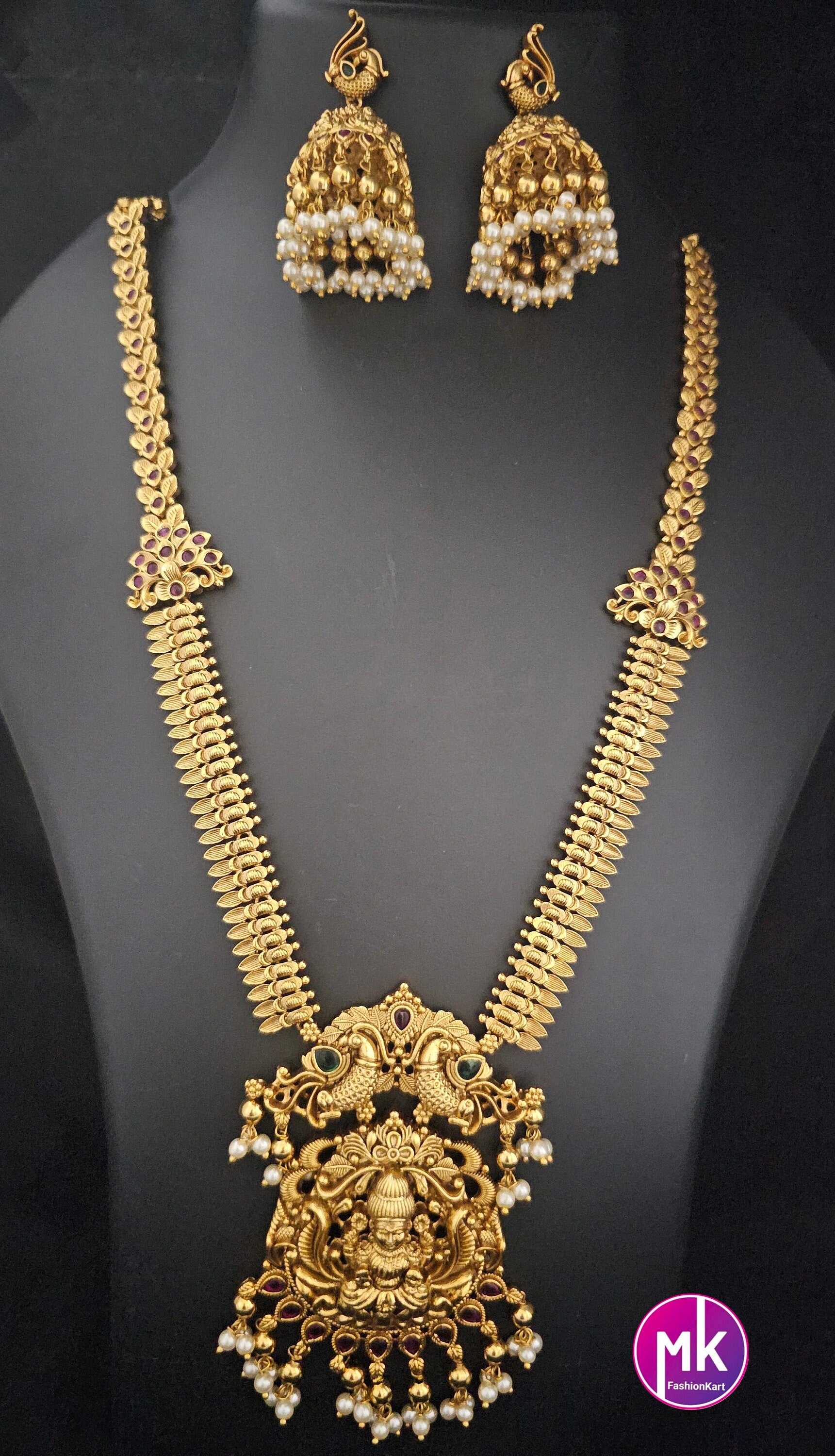 Lakshmi Peacock design Premium quality Gold Jewelry Replica Haram with big pendent with matching Big Jhumka - Bridal Haram