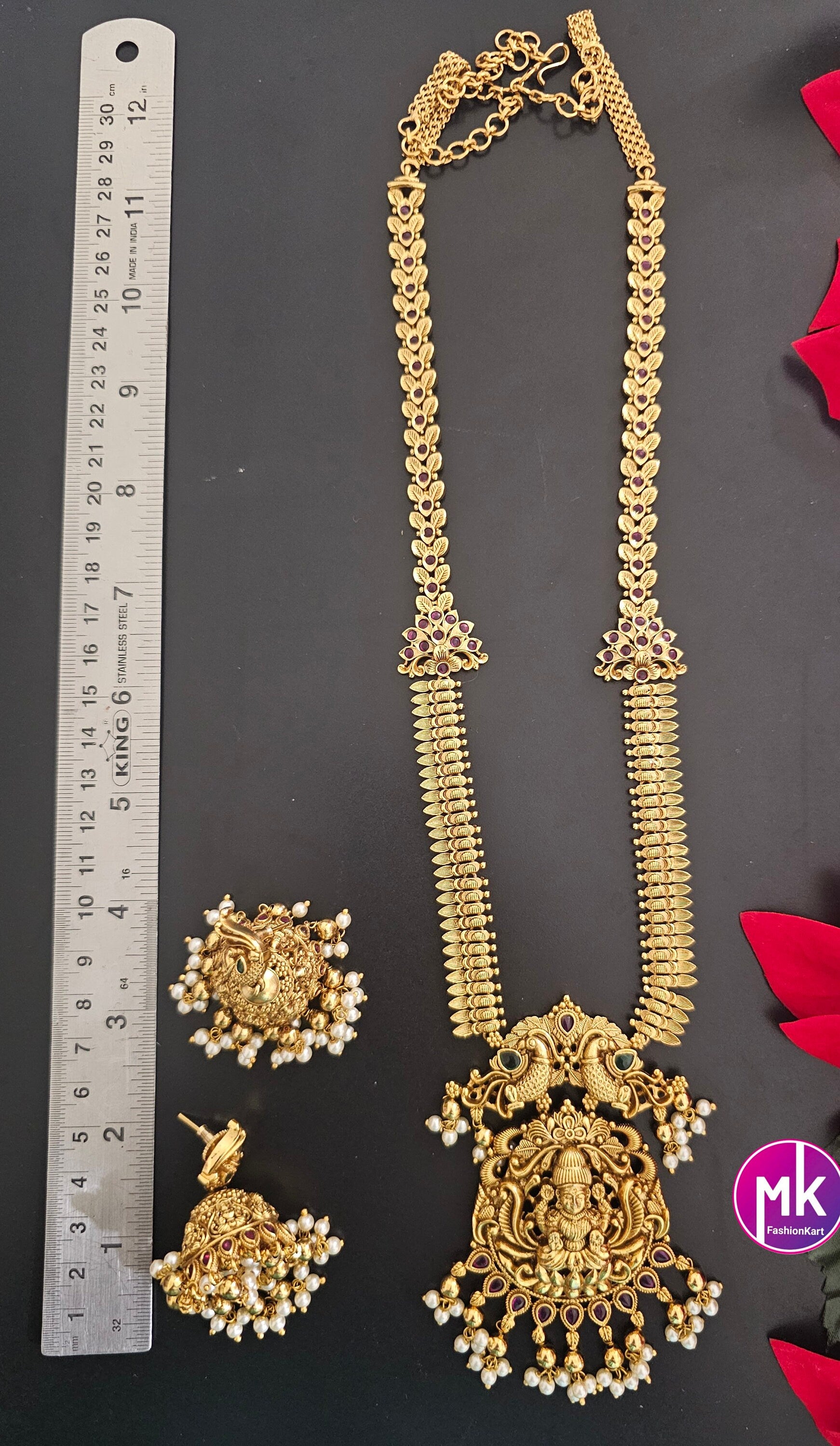 Lakshmi Peacock design Premium quality Gold Jewelry Replica Haram with big pendent with matching Big Jhumka - Bridal Haram