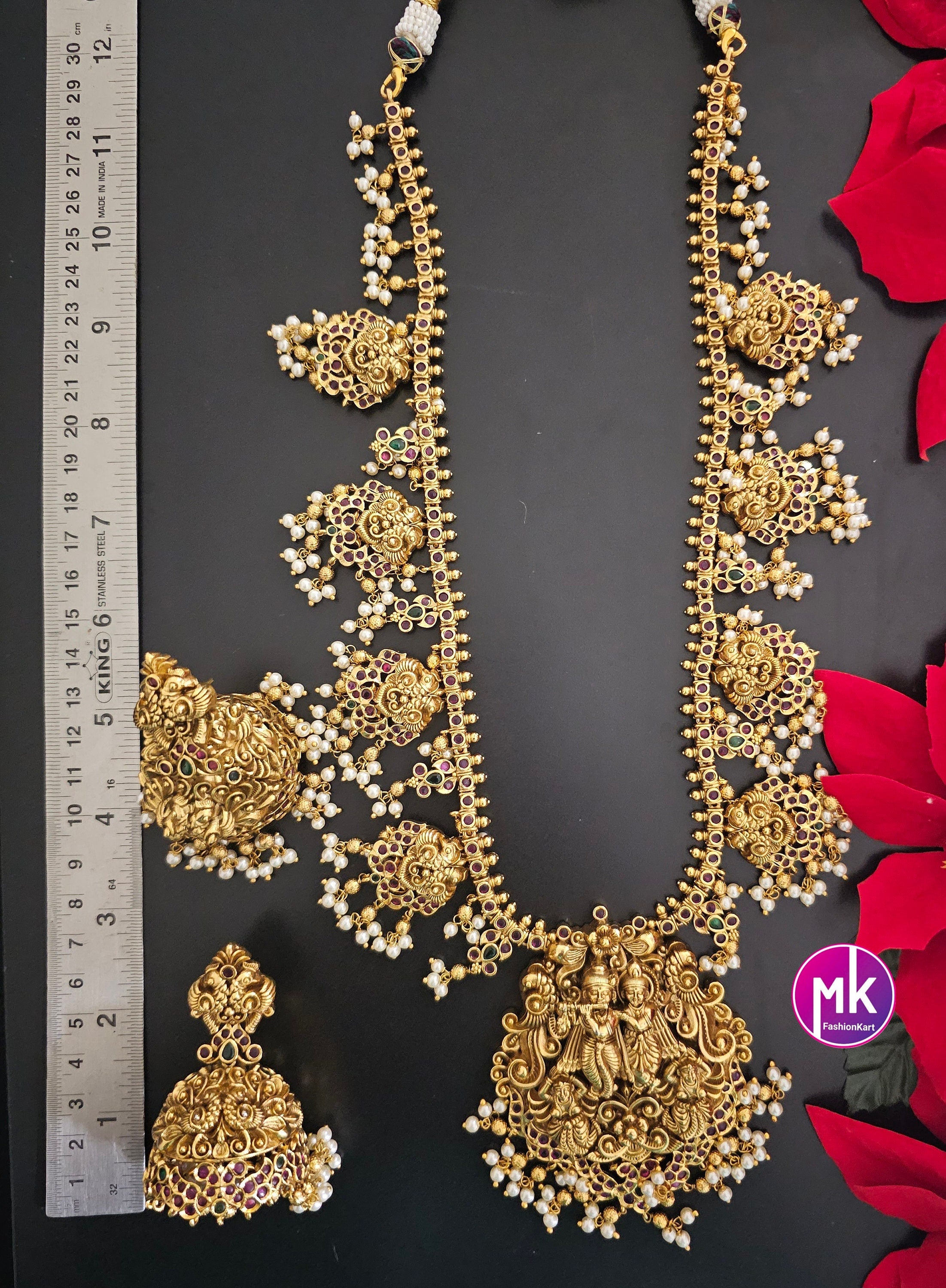 Beautiful Radhakrishna Premium quality Gold Jewelry Replica Haram with big pendent with matching Big Jhumka - Bridal Haram
