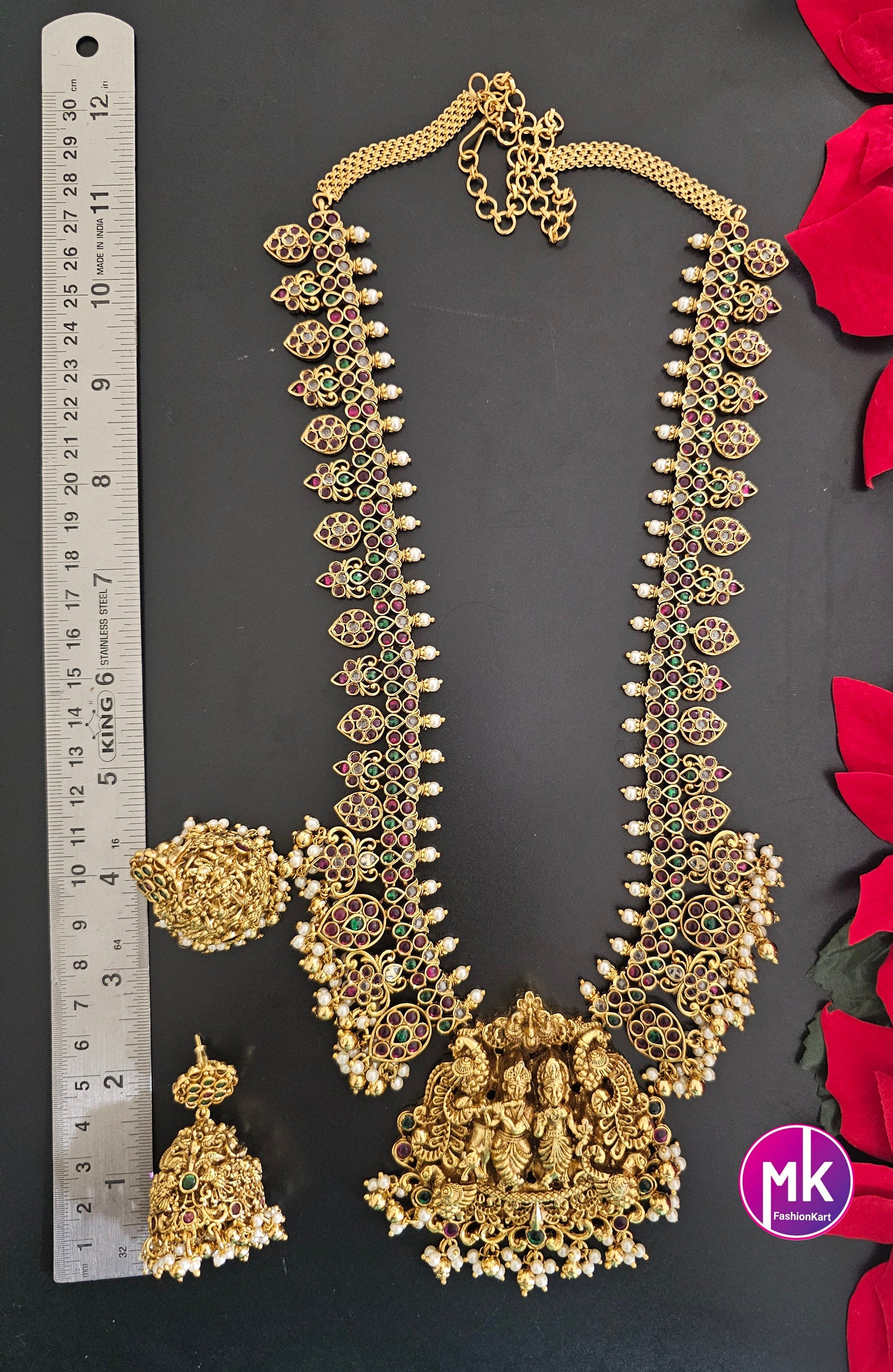 Beautiful Radhakrishna Premium quality Gold Jewelry Replica Haram with big pendent with matching Big Jhumka - Bridal Haram