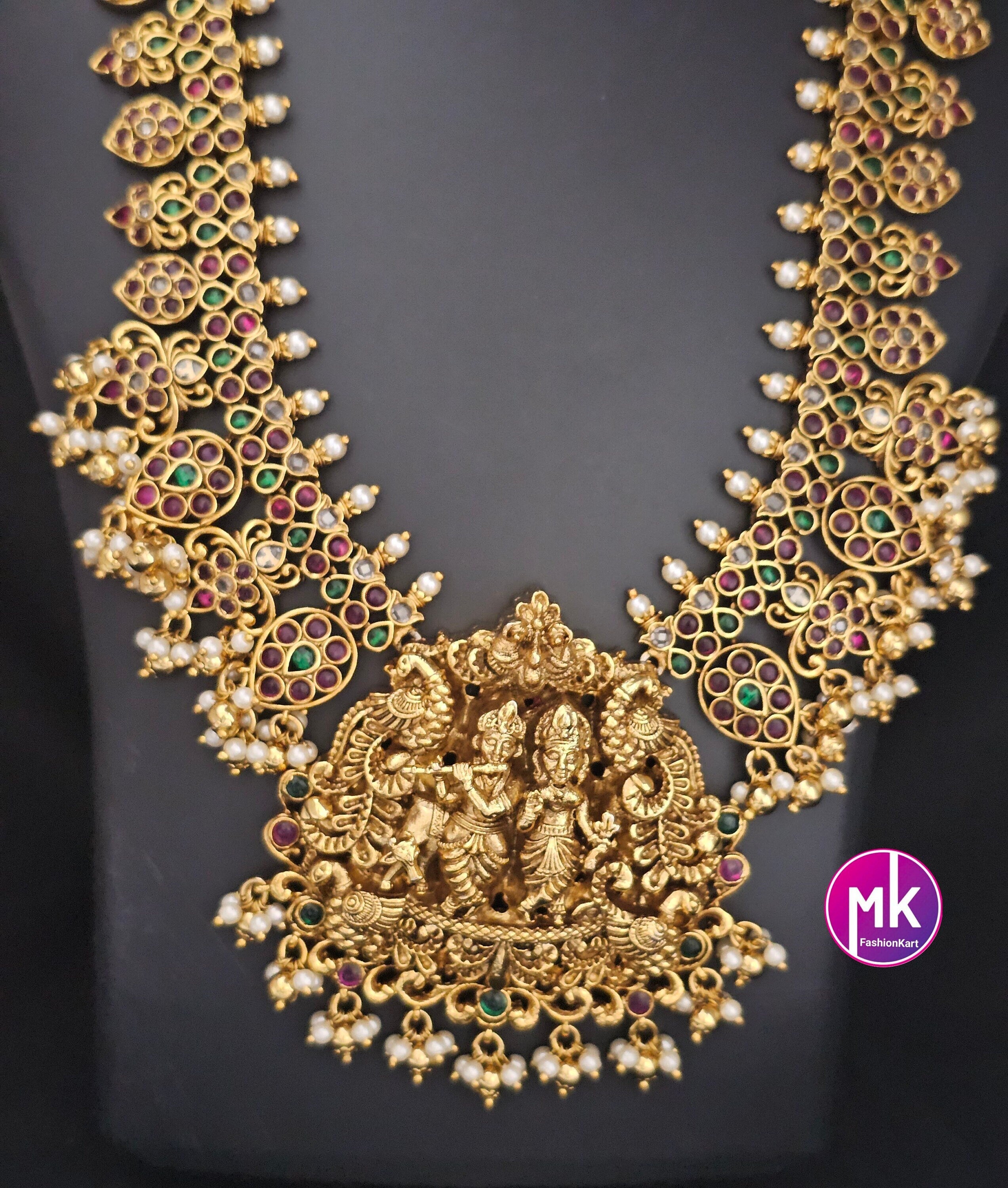 Beautiful Radhakrishna Premium quality Gold Jewelry Replica Haram with big pendent with matching Big Jhumka - Bridal Haram