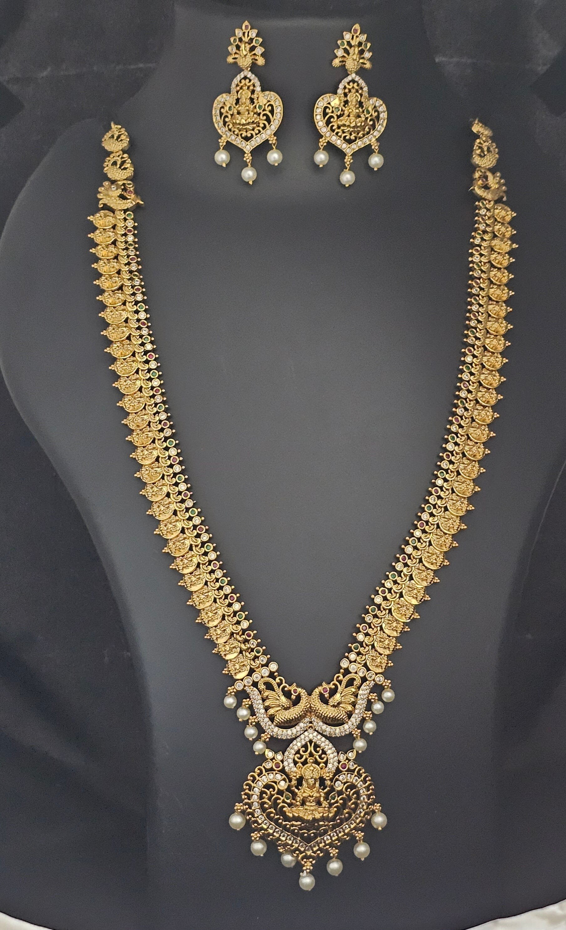 Premium Quality Lakshmi gold finish Haram with Lakshmi Earrings - Temple Jewelry - Ethnic Jewelry