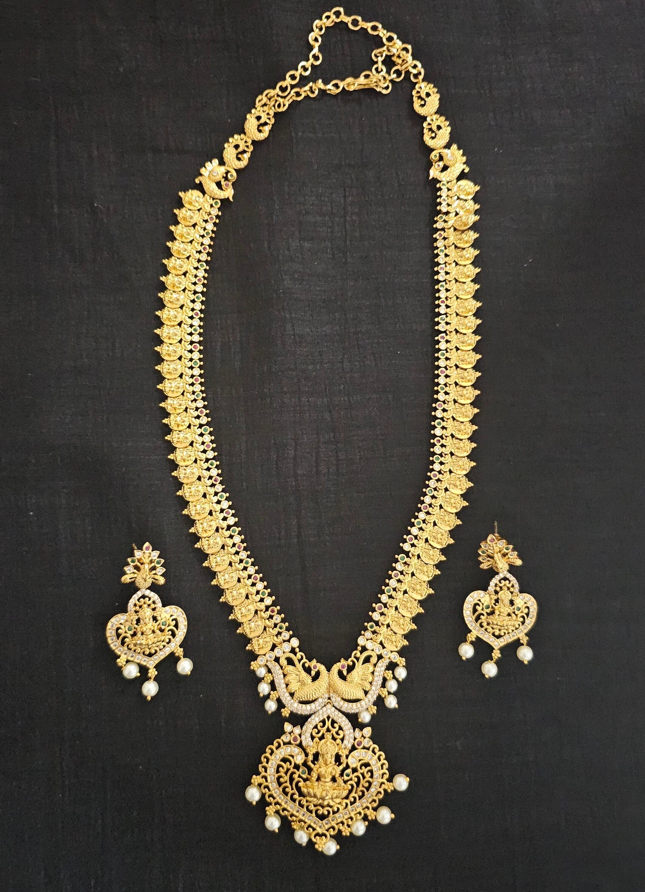 Premium Quality Lakshmi gold finish Haram with Lakshmi Earrings - Temple Jewelry - Ethnic Jewelry