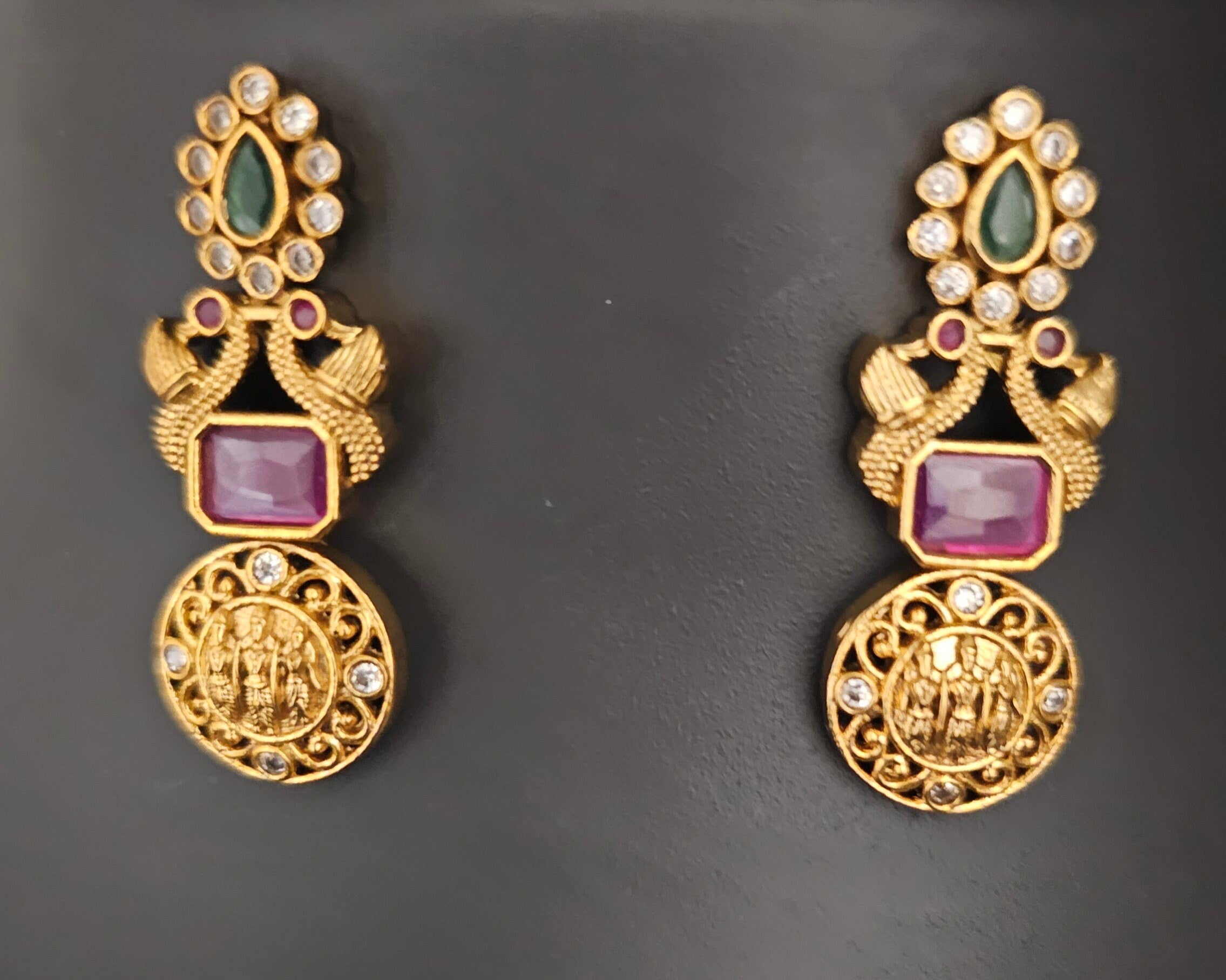 Premium Quality Ramparivar Peacock AD stone Haram with matching Earrings - Gold Jewelry Replica