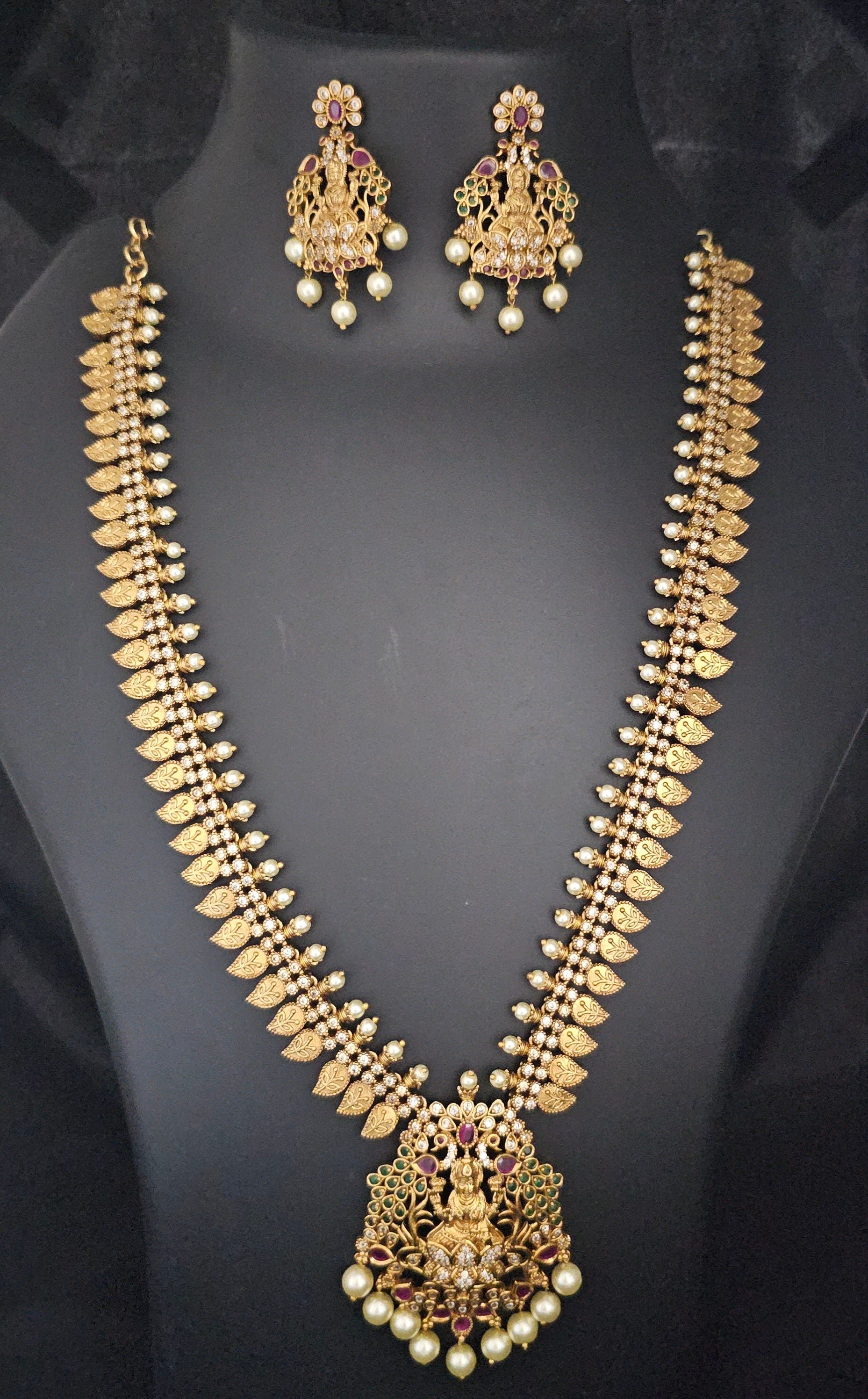 Lakshmi Premium quality Gold Jewelry Replica Haram - CZ and Kemp stone Haram with matching Earrings - Ethnic Jewelry