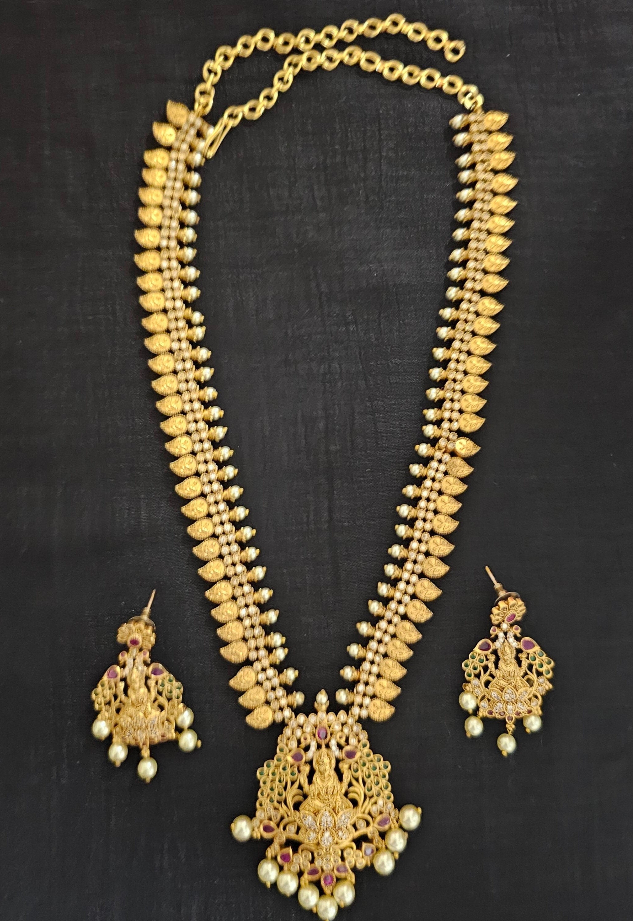 Lakshmi Premium quality Gold Jewelry Replica Haram - CZ and Kemp stone Haram with matching Earrings - Ethnic Jewelry