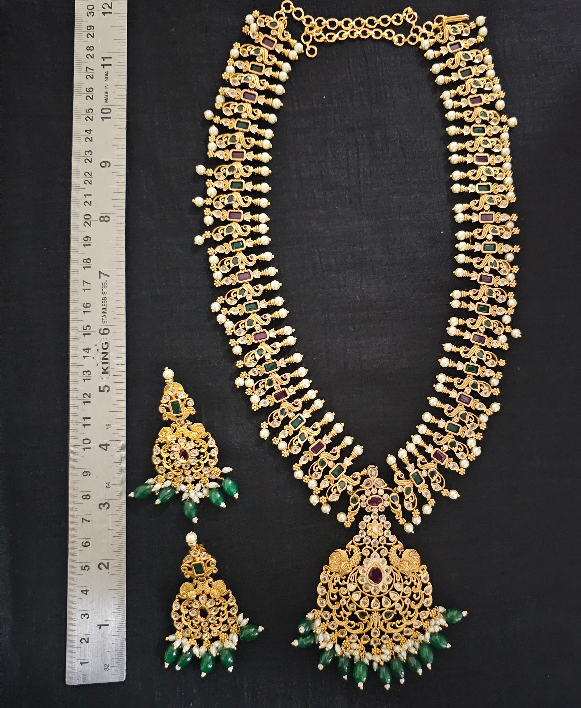 Peacock Premium quality Gold Jewelry Replica Haram with precious green bead hangings with matching Earrings