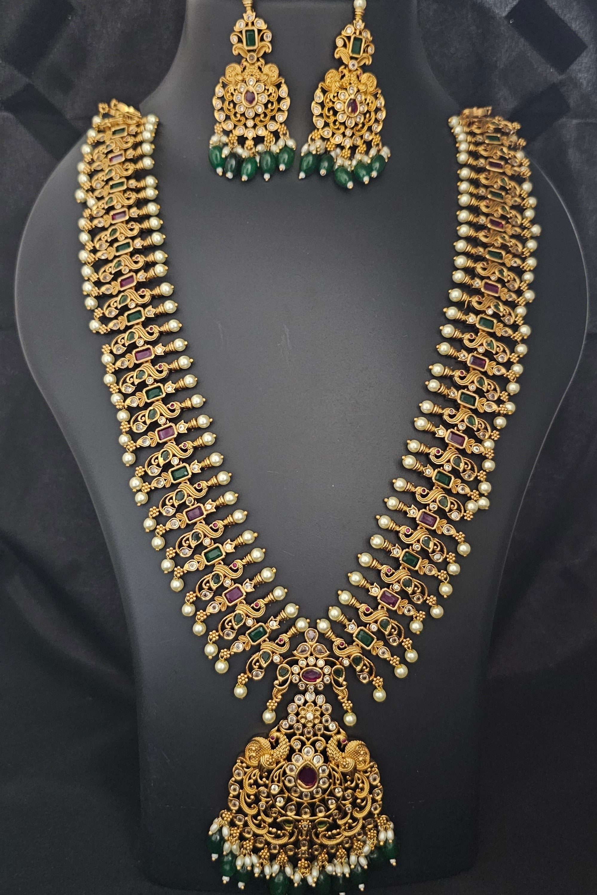 Peacock Premium quality Gold Jewelry Replica Haram with precious green bead hangings with matching Earrings
