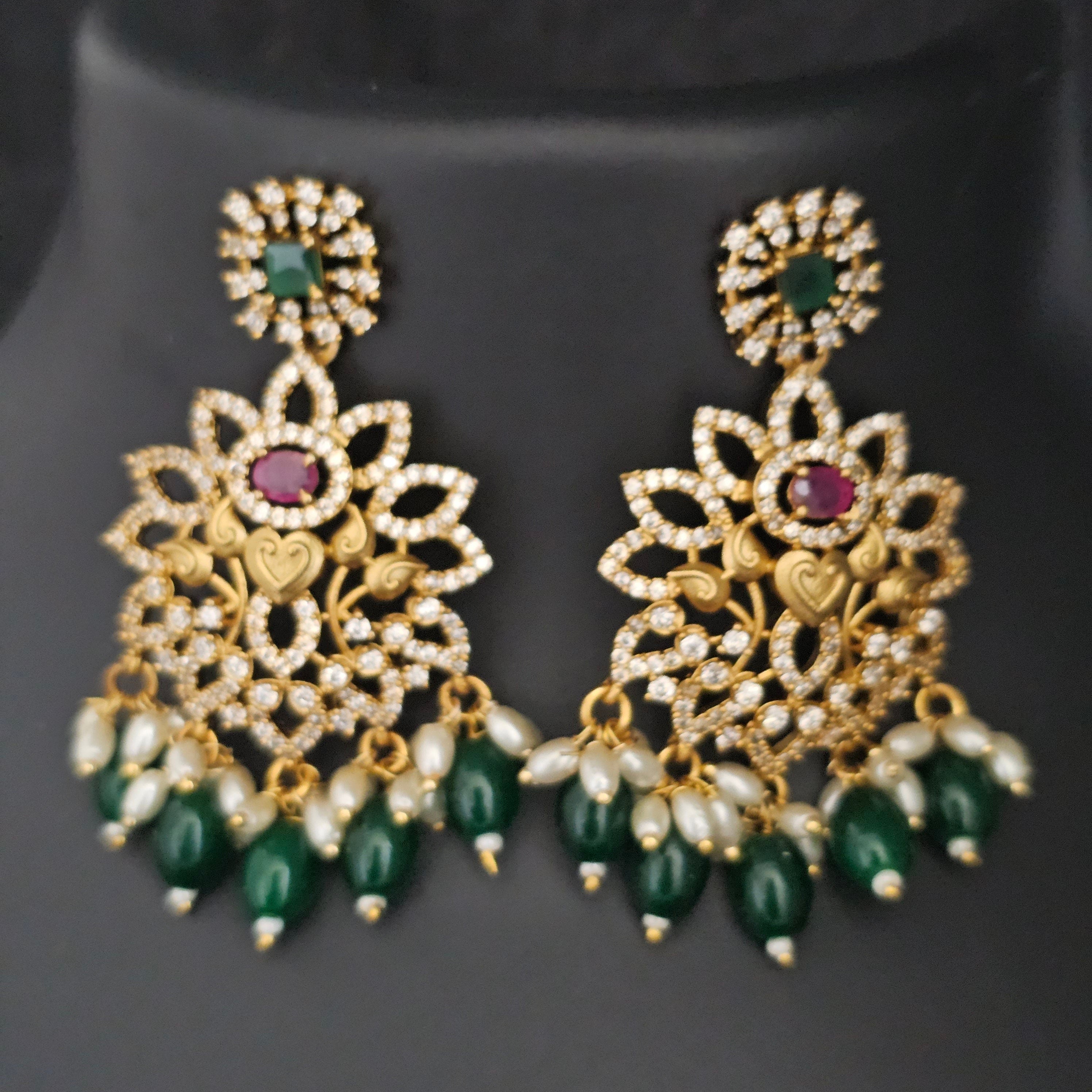 Premium quality Gold Jewelry Replica Haram with precious green bead hangings with matching Earrings - Ethnic Jewelry
