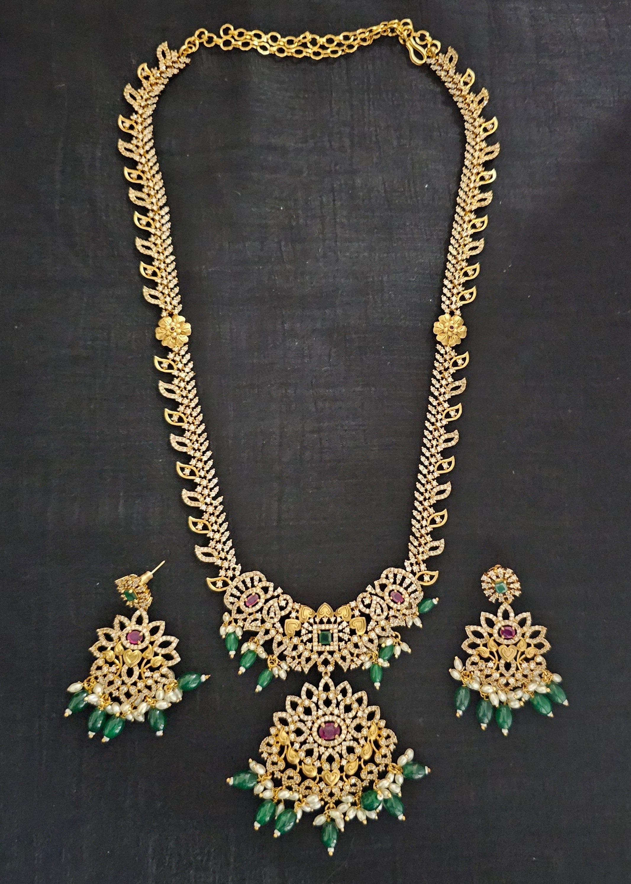Premium quality Gold Jewelry Replica Haram with precious green bead hangings with matching Earrings - Ethnic Jewelry