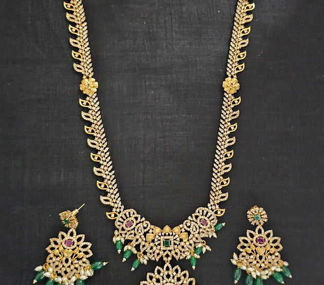 Premium quality Gold Jewelry Replica Haram with precious green bead hangings with matching Earrings - Ethnic Jewelry