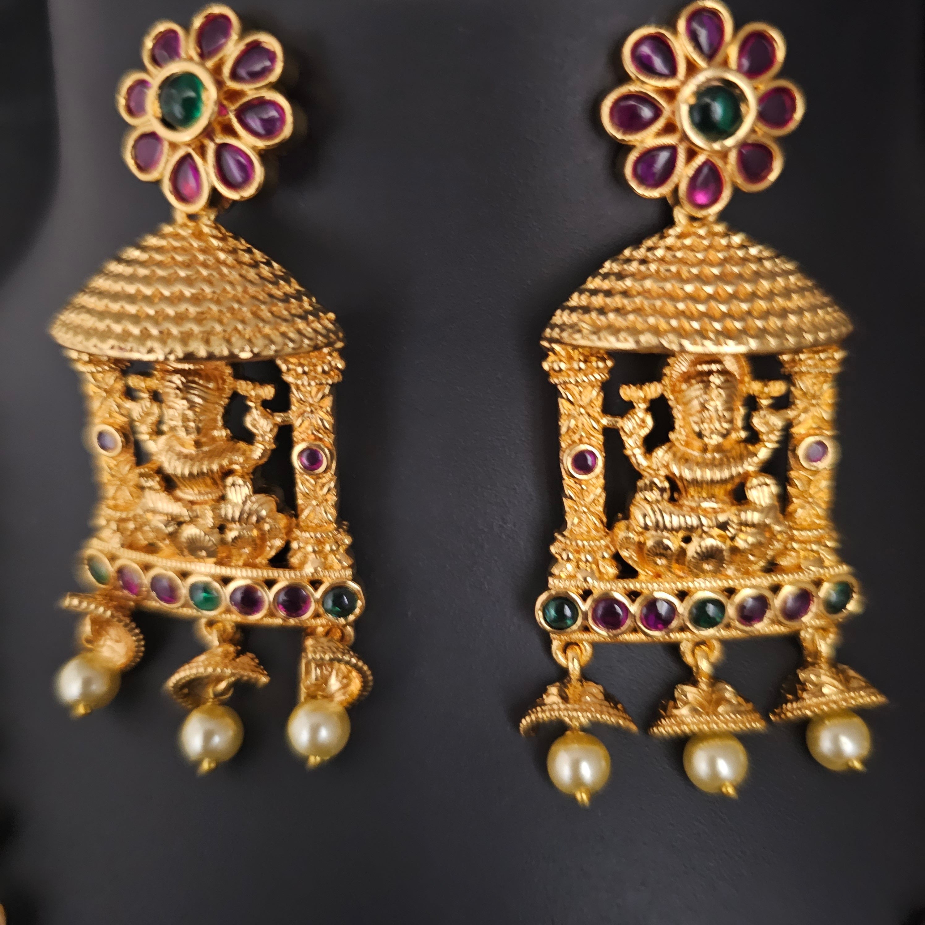 Gaja Lakshmi Gold Polish Necklace with matching big Earrings - Ethnic Jewelry