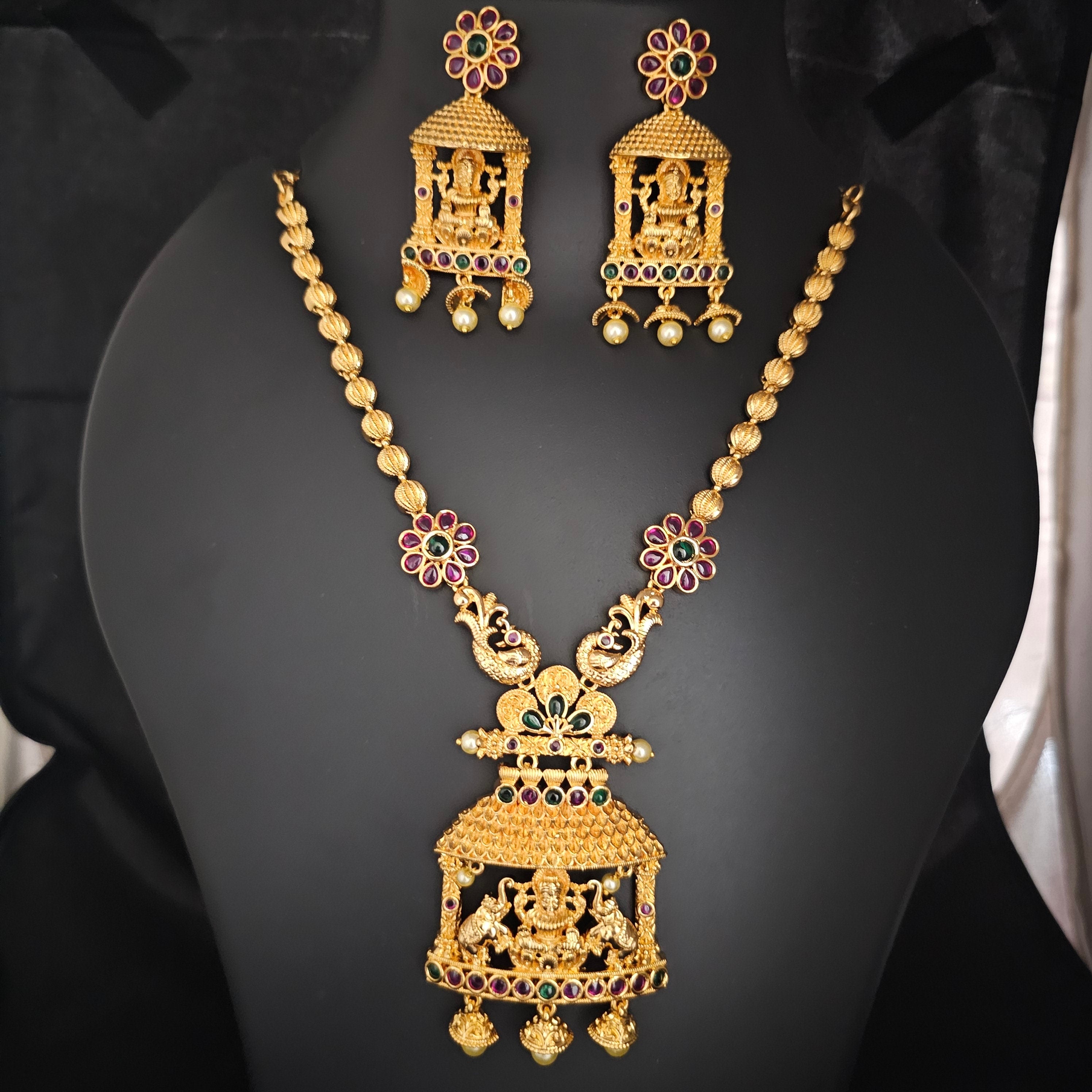 Gaja Lakshmi Gold Polish Necklace with matching big Earrings - Ethnic Jewelry