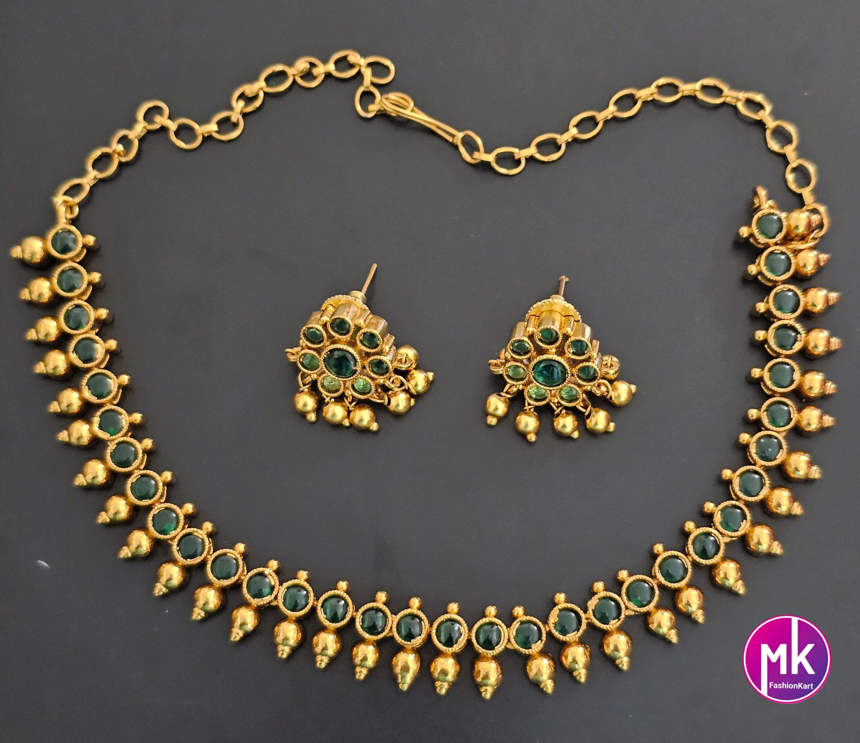 Green AD Stone Cute small gold finish necklace with matching Earrings