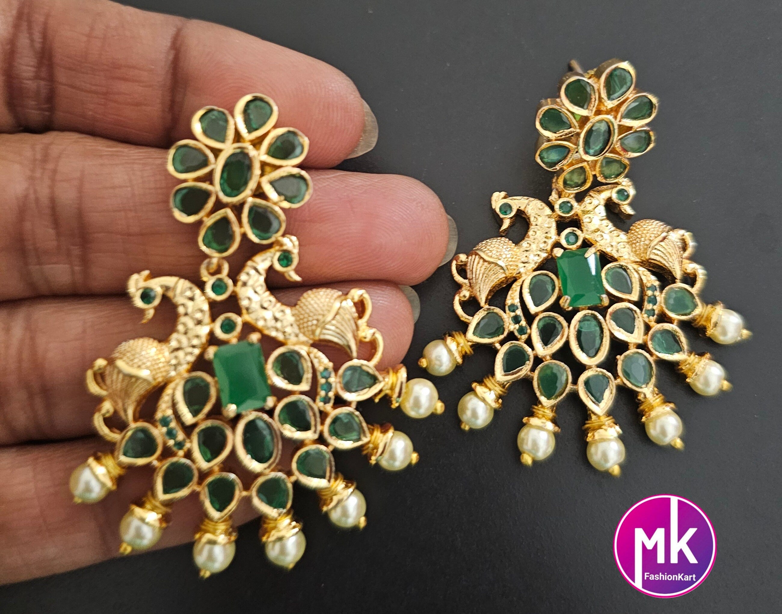 Ramparivar with Peacock Design Gold Polish Emerald stone Necklace with matching Earrings - Gold Jewelry Replica