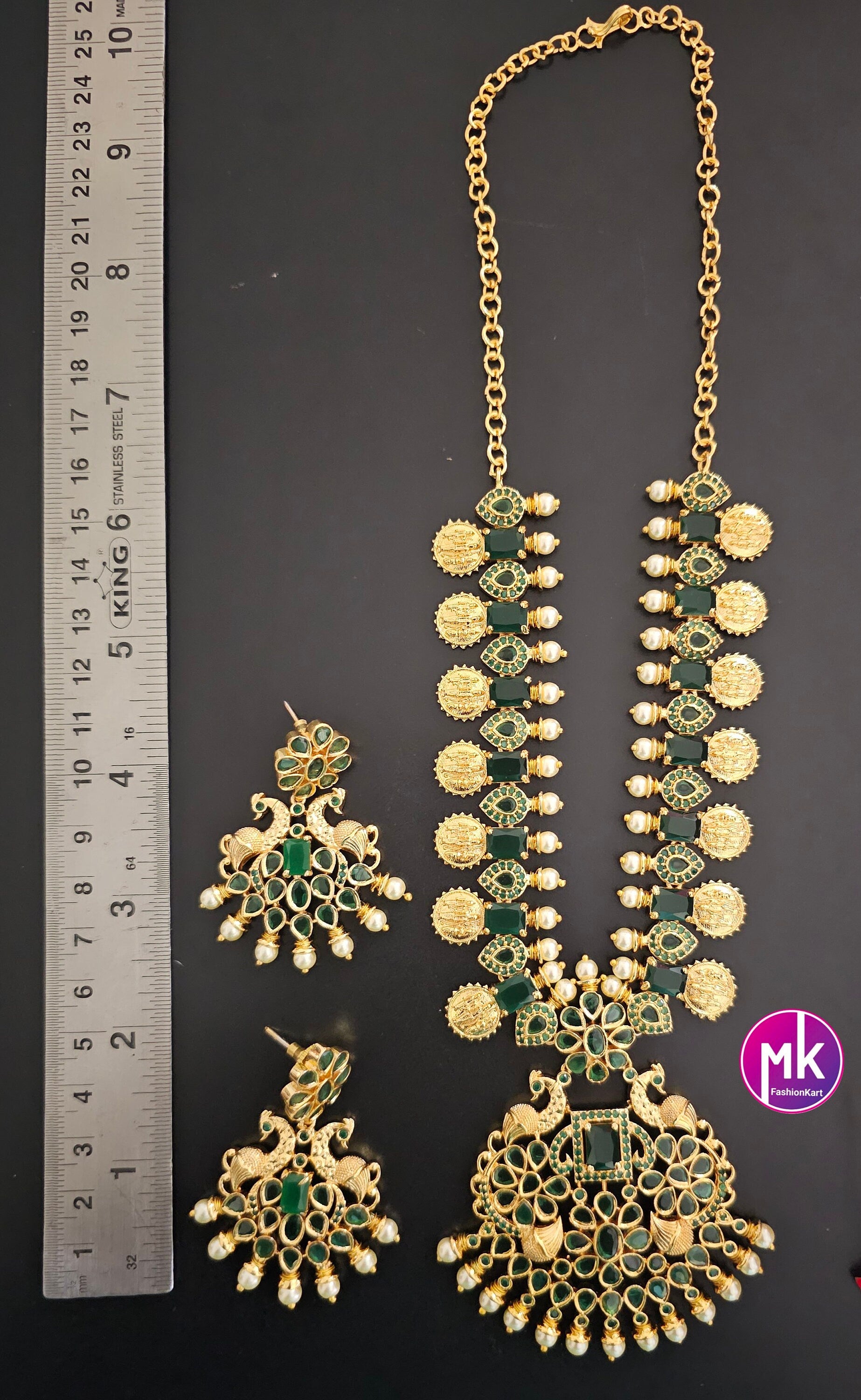 Ramparivar with Peacock Design Gold Polish Emerald stone Necklace with matching Earrings - Gold Jewelry Replica