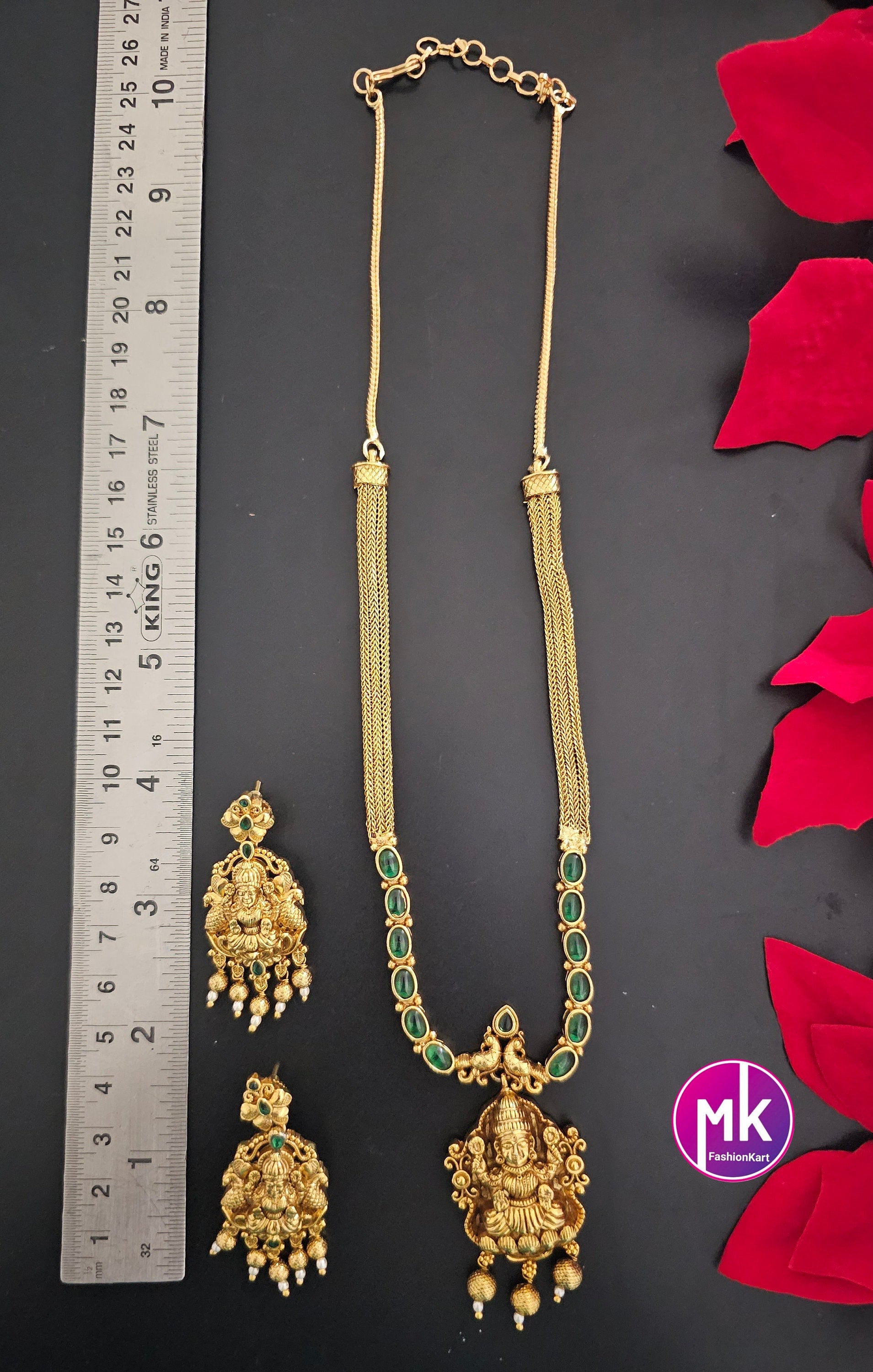 Lakshmi Peacock Design matte gold Polish Emerald stone Necklace with matching Earrings - Gold Jewelry Replica