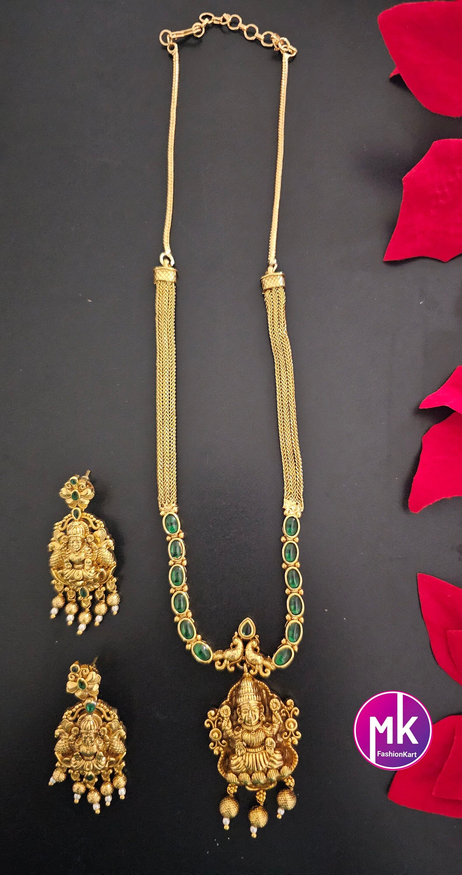Lakshmi Peacock Design matte gold Polish Emerald stone Necklace with matching Earrings - Gold Jewelry Replica