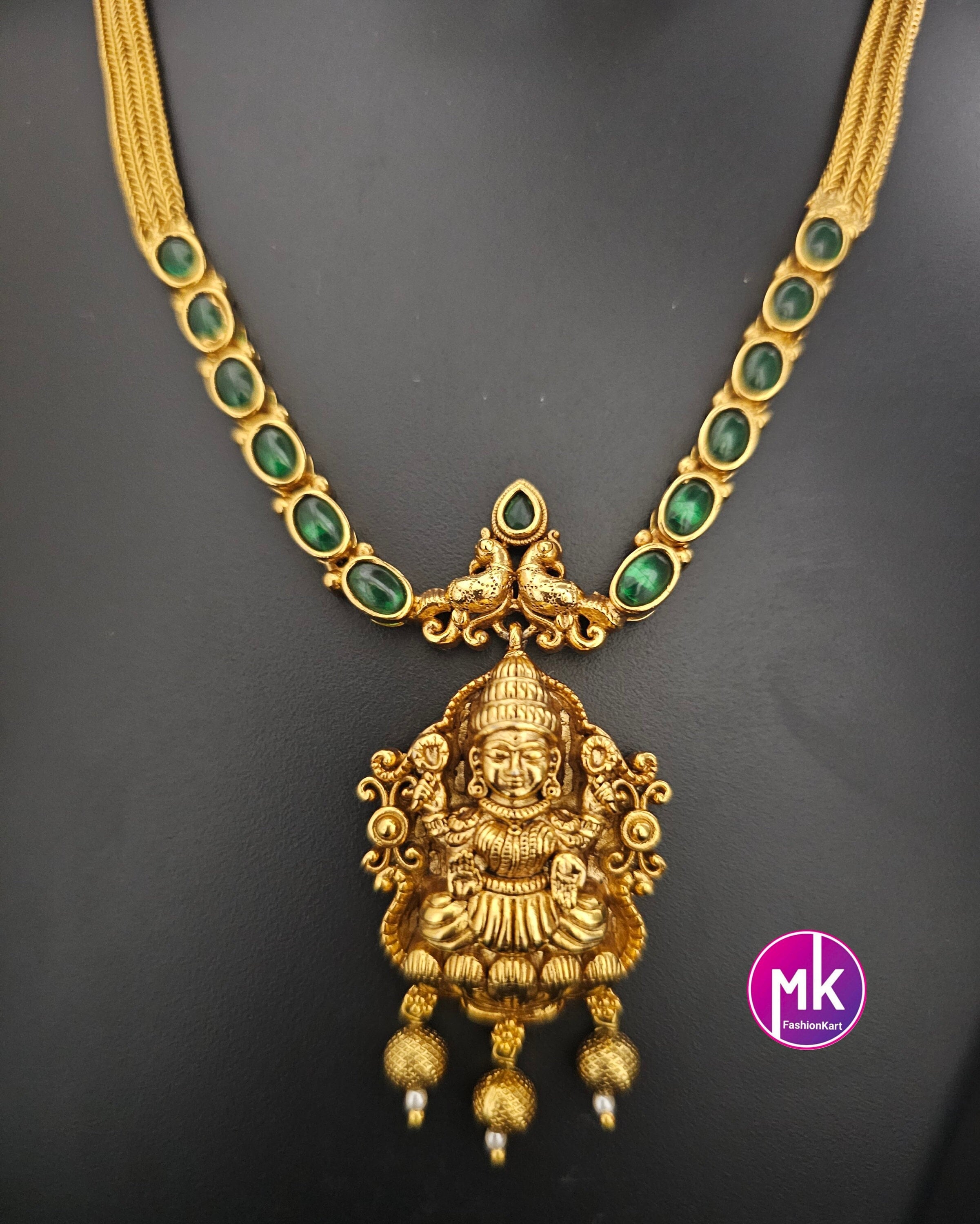 Lakshmi Peacock Design matte gold Polish Emerald stone Necklace with matching Earrings - Gold Jewelry Replica