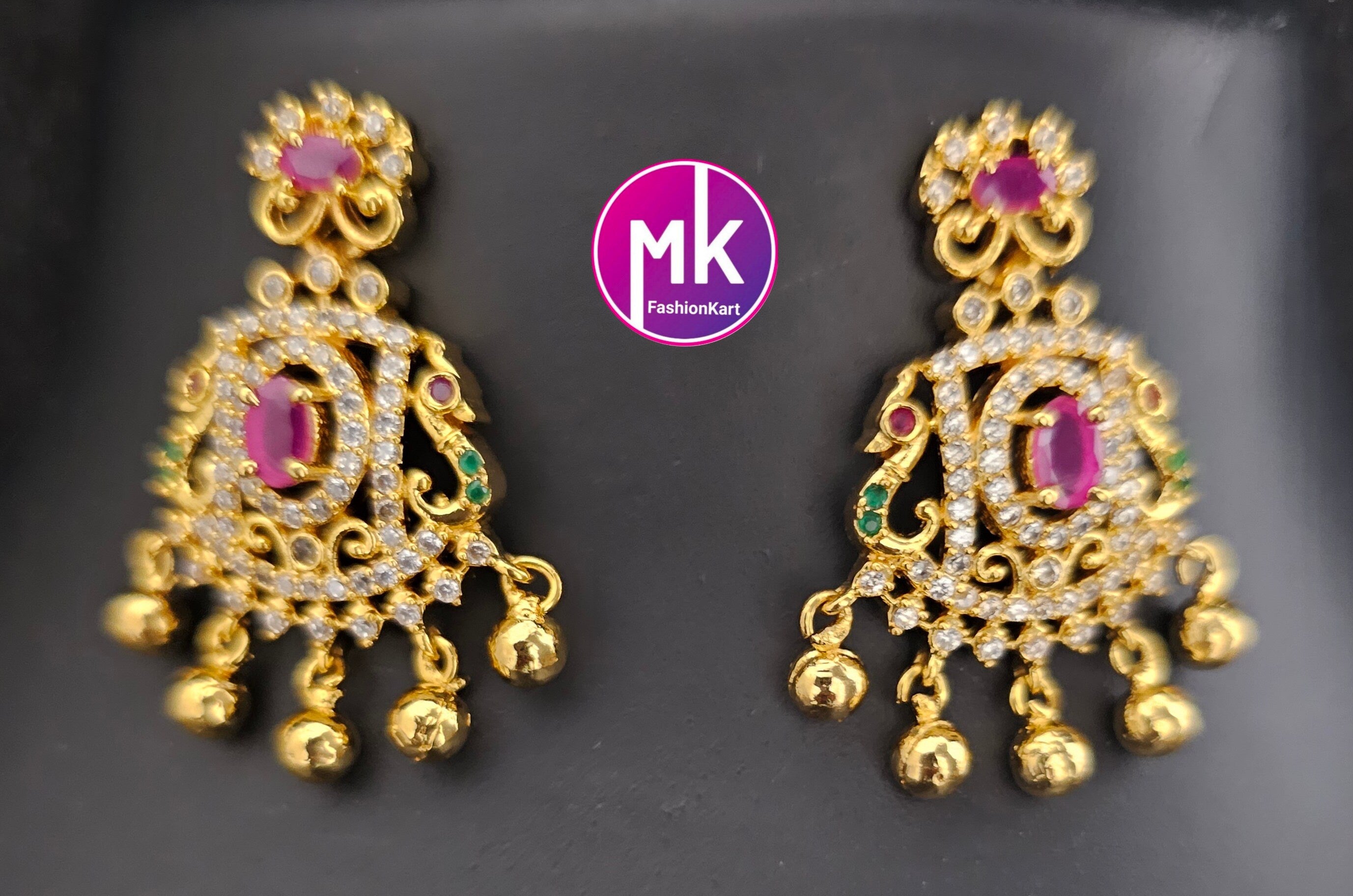 Premium quality AD stone Gold finish long Haram with matching Big Earrings Gold Jewelry Replica - Bridal Haram