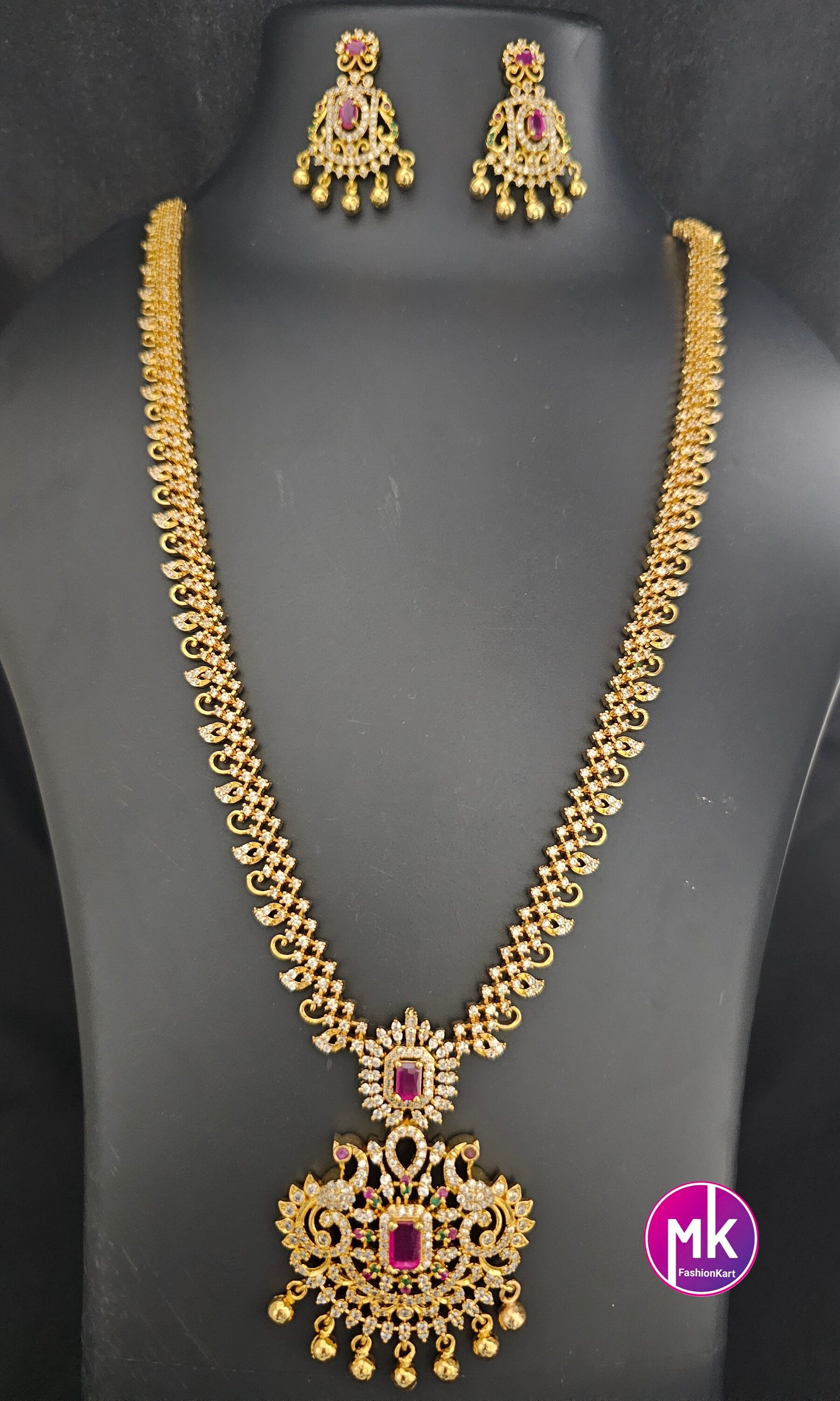 Premium quality AD stone Gold finish long Haram with matching Big Earrings Gold Jewelry Replica - Bridal Haram