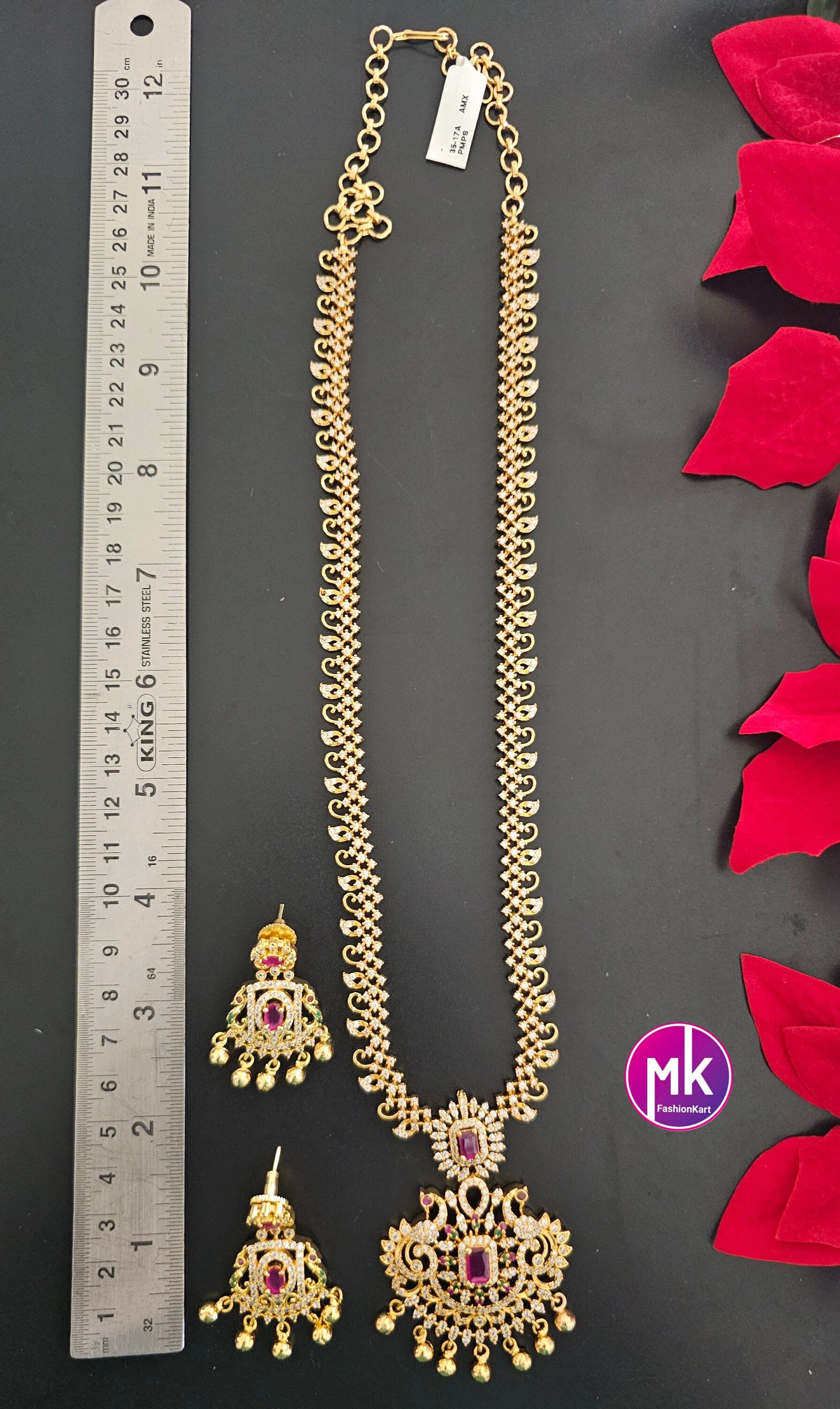 Premium quality AD stone Gold finish long Haram with matching Big Earrings Gold Jewelry Replica - Bridal Haram
