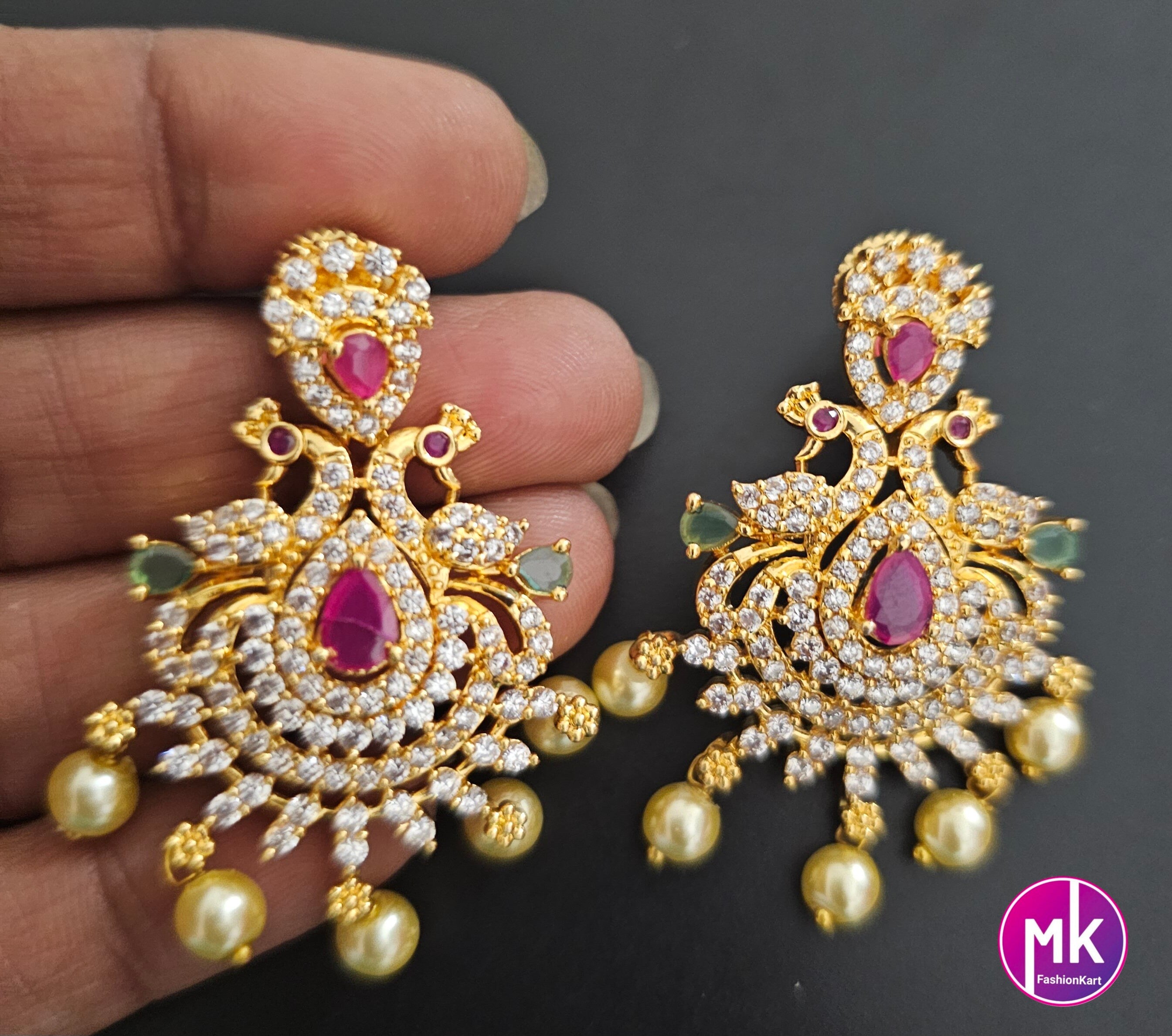 Premium Gold finish Peacock Multi-color AD Stone Necklace with matching Earrings