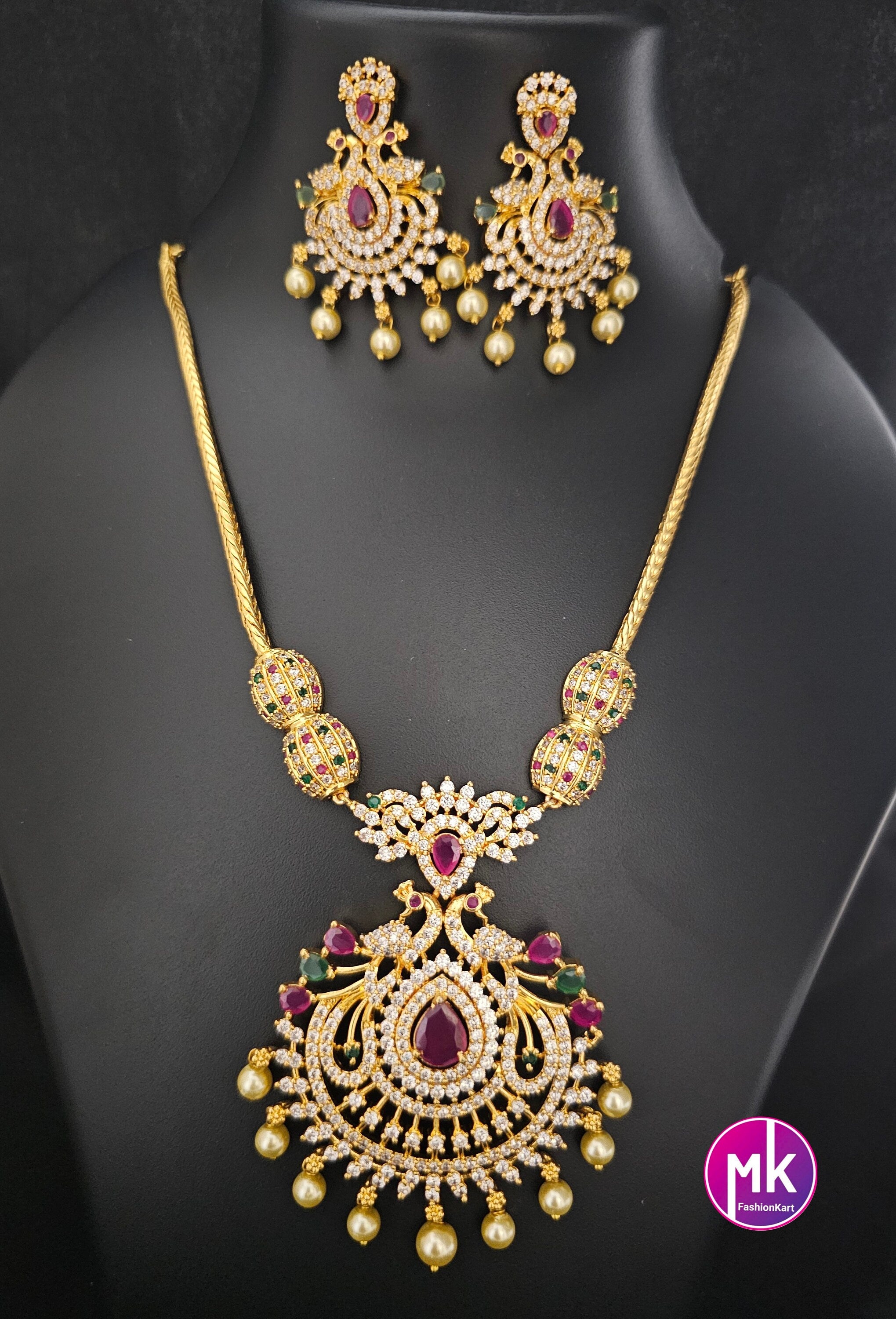 Premium Gold finish Peacock Multi-color AD Stone Necklace with matching Earrings
