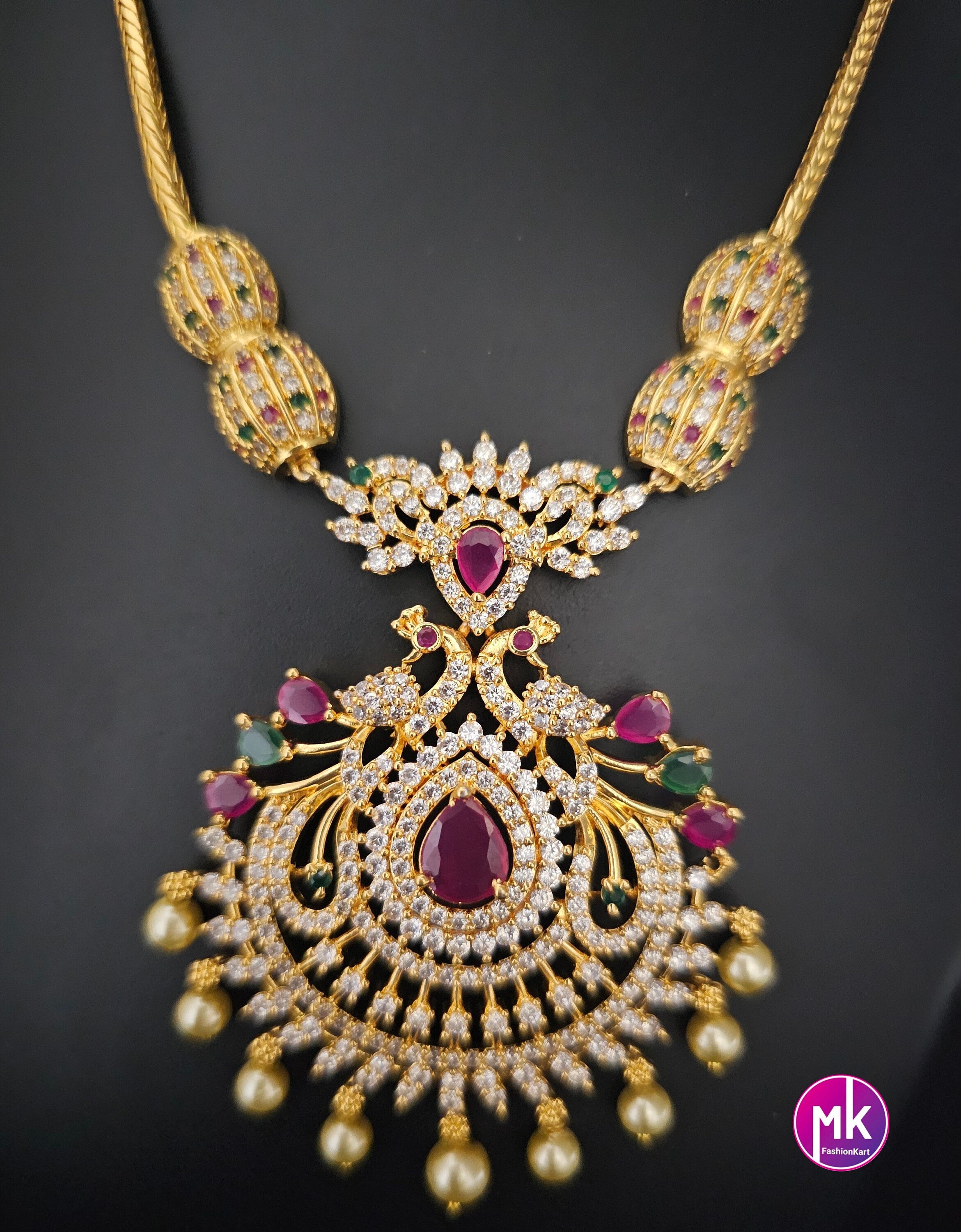 Premium Gold finish Peacock Multi-color AD Stone Necklace with matching Earrings