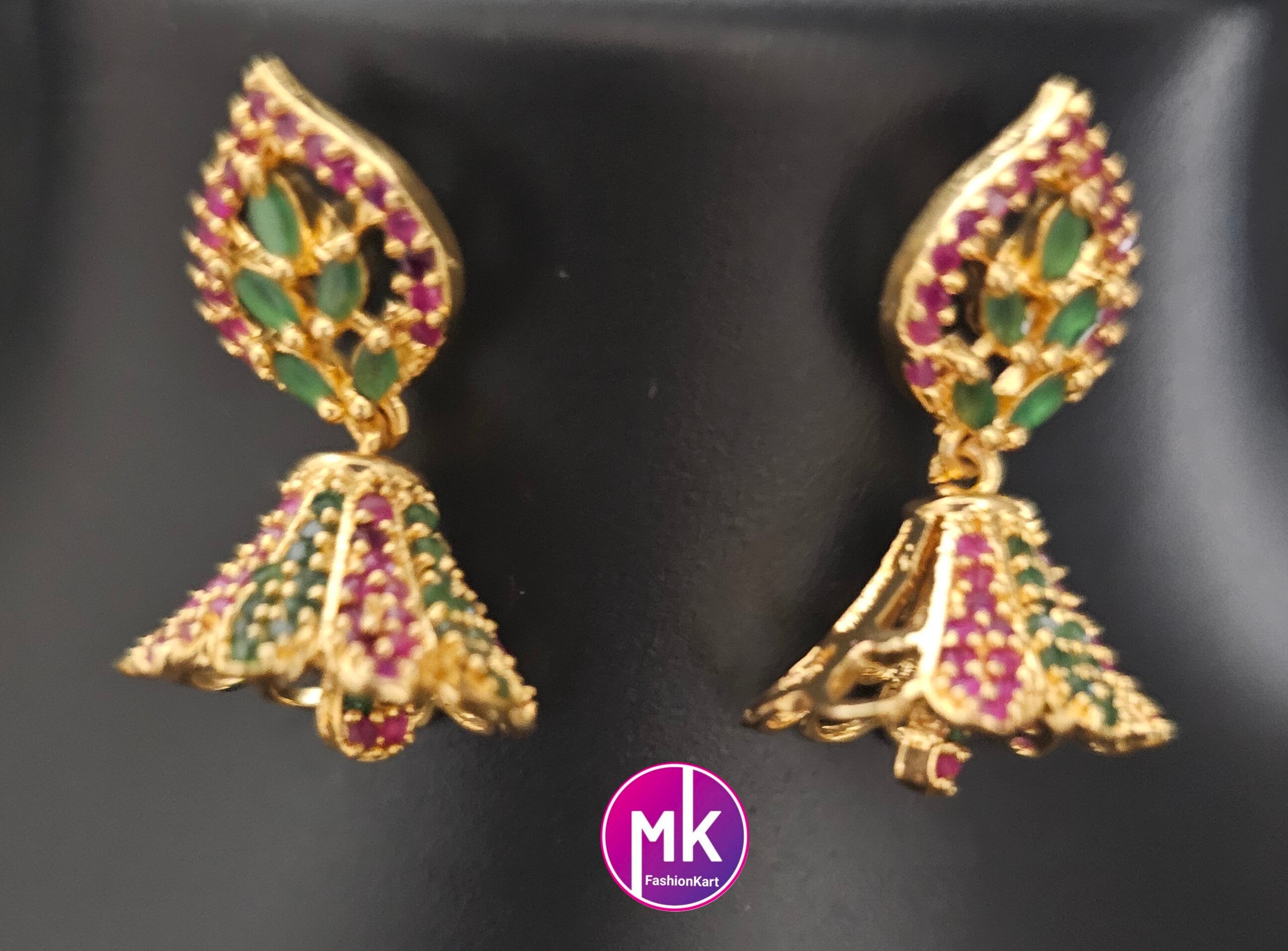 Lakshmi gold Polish AD stone Middle Haram with cute Jhumka- Gold Jewelry Replica