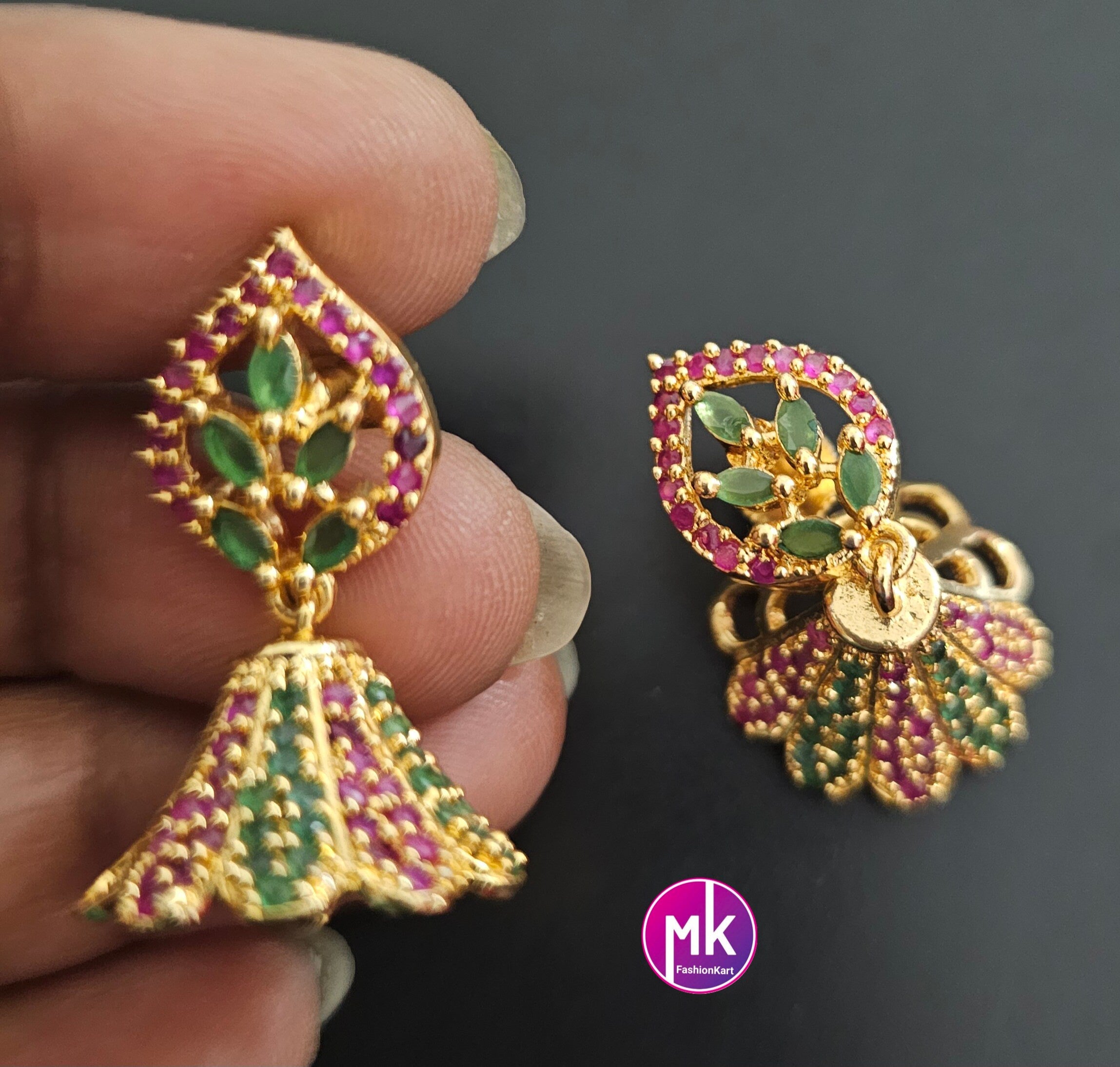 Lakshmi gold Polish AD stone Middle Haram with cute Jhumka- Gold Jewelry Replica