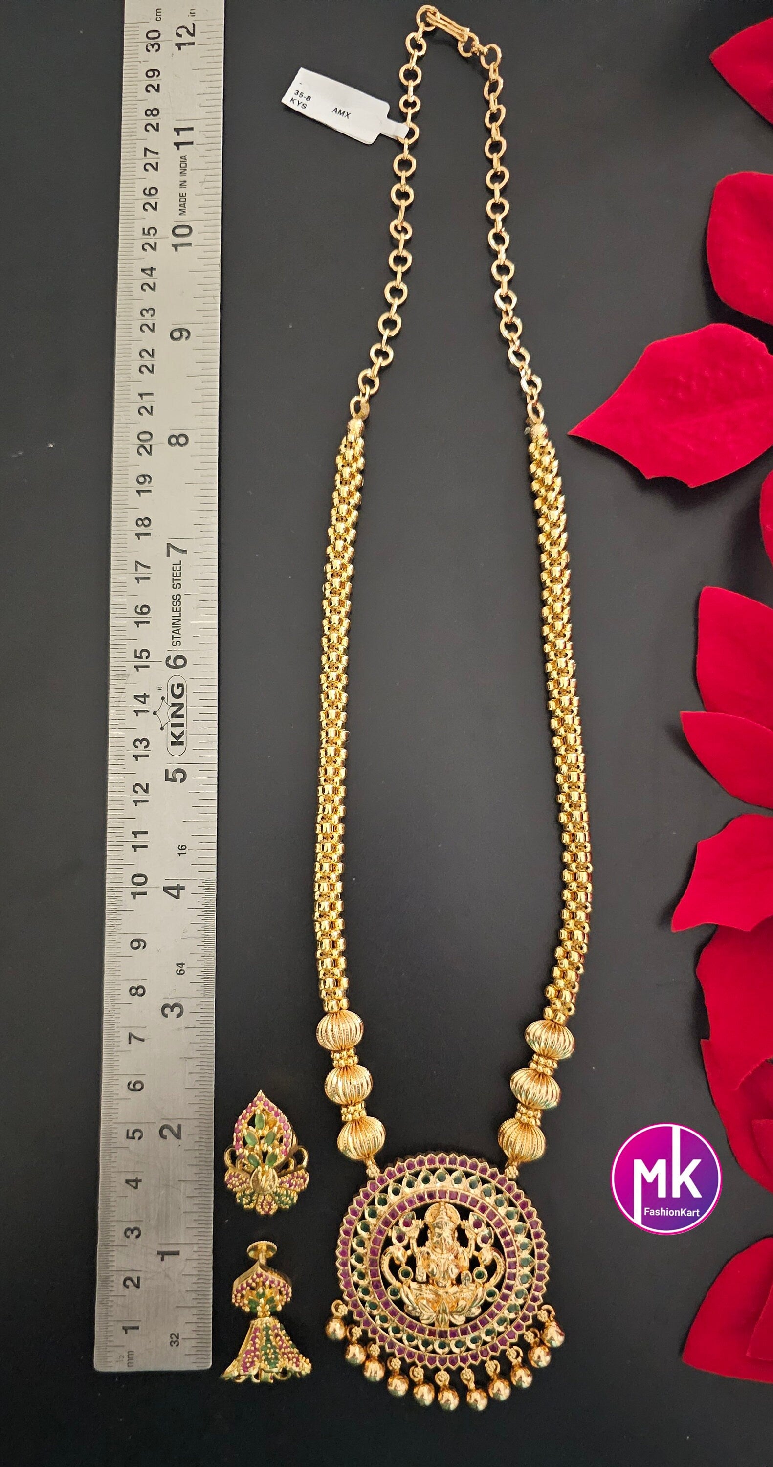 Lakshmi gold Polish AD stone Middle Haram with cute Jhumka- Gold Jewelry Replica