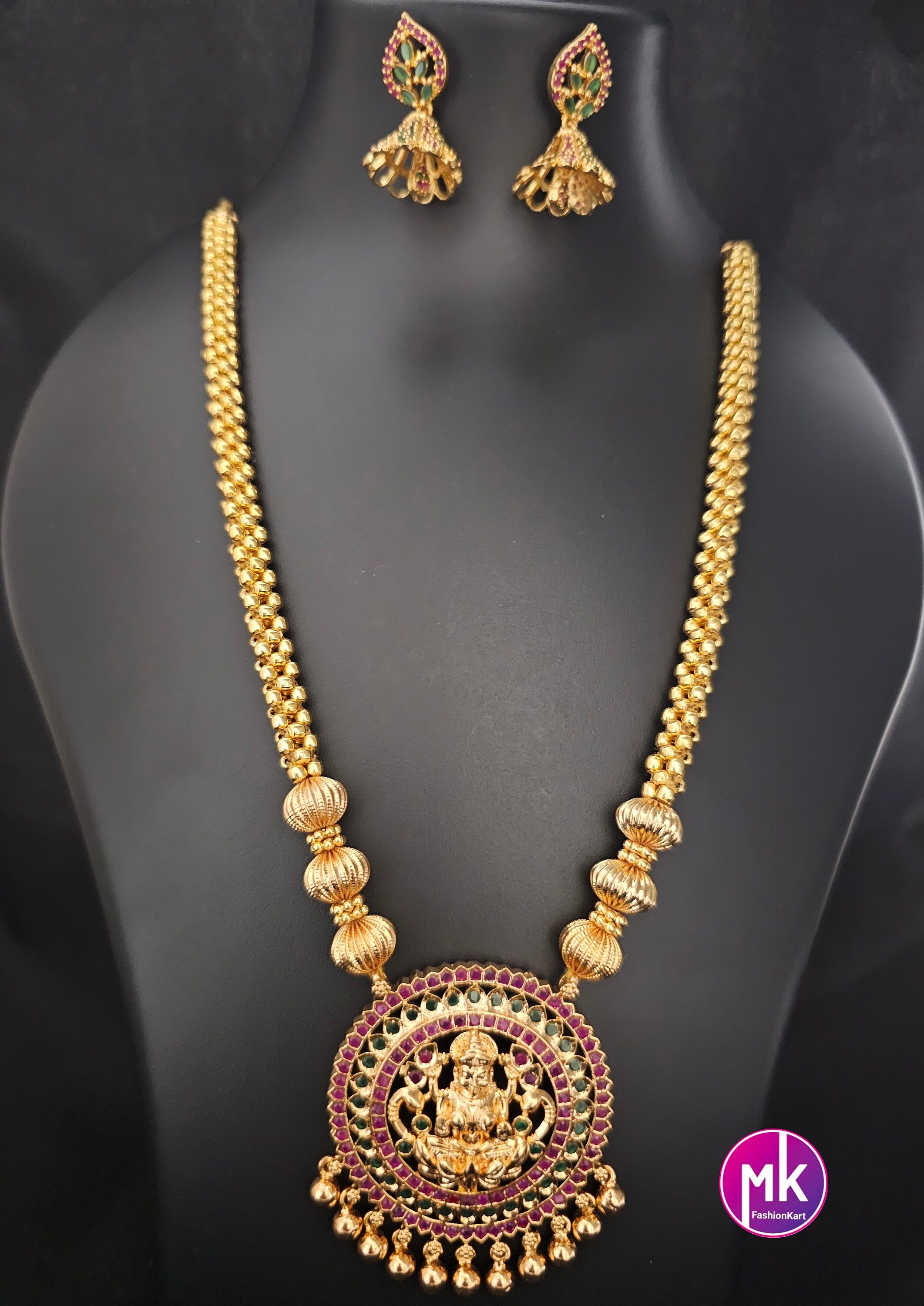 Lakshmi gold Polish AD stone Middle Haram with cute Jhumka- Gold Jewelry Replica