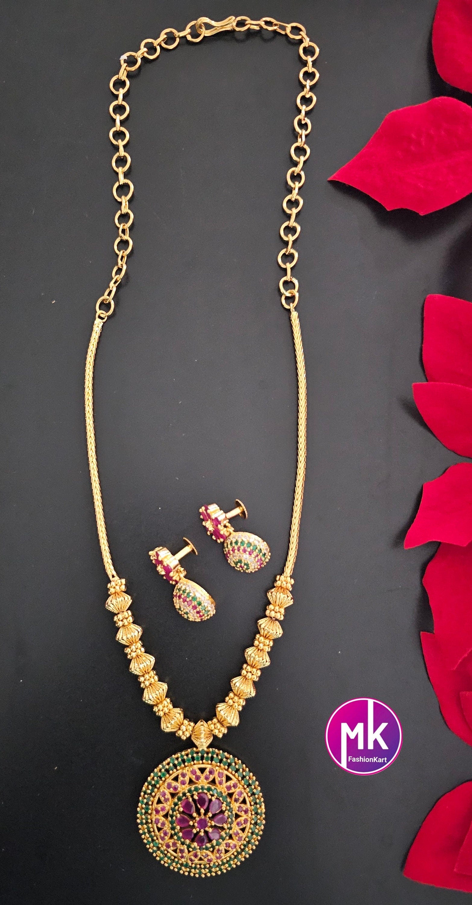 Gold finish Flower Design AD stone Necklace with cute Earrings - Gold Jewelry Replica