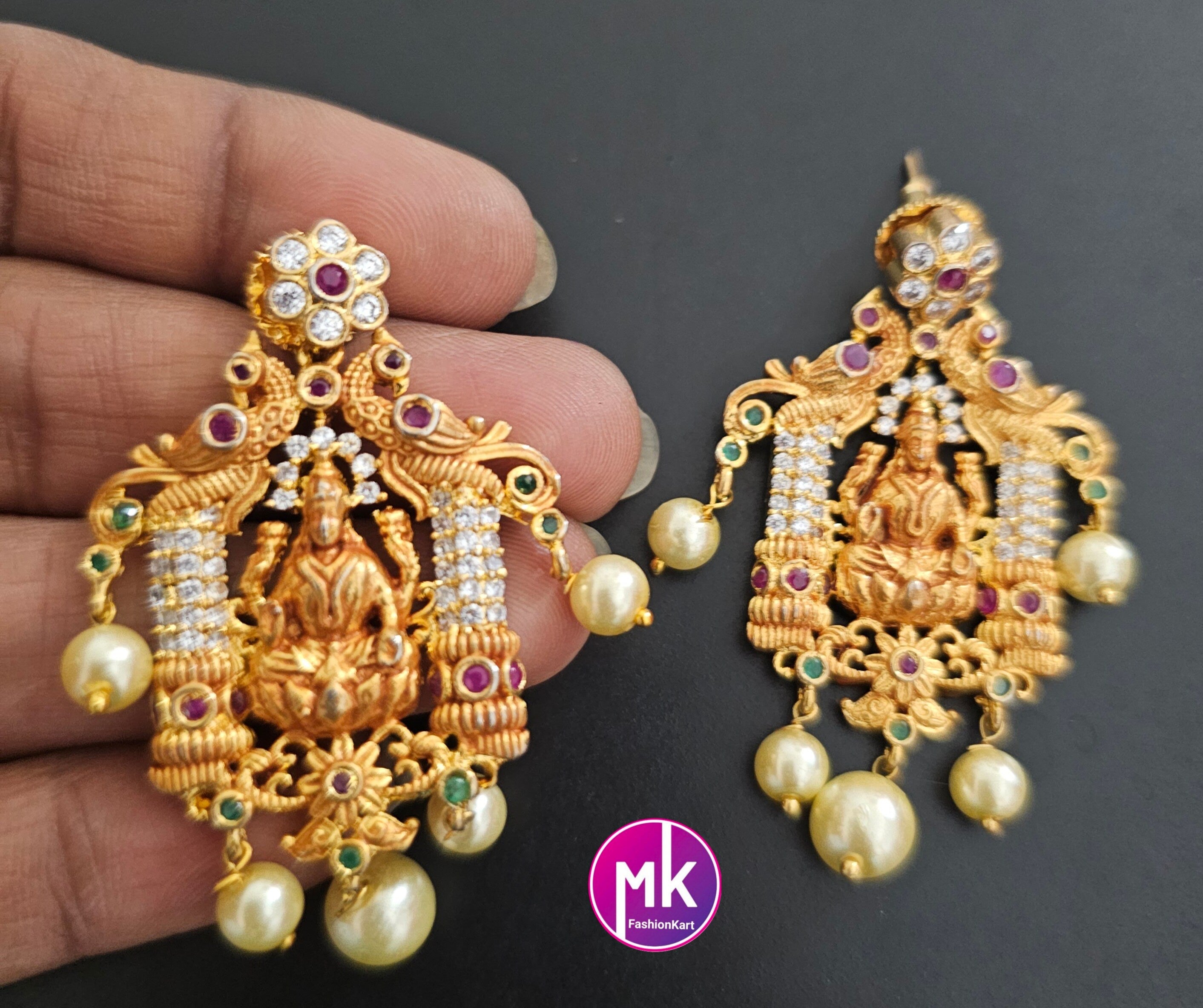 Lakshmi Peacock design AD Pendent with multi-layer crystal Mala and Matching AD stone Earrings