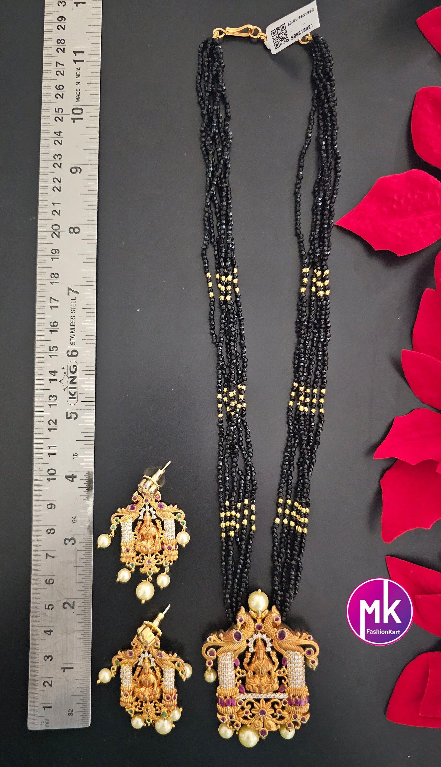 Lakshmi Peacock design AD Pendent with multi-layer crystal Mala and Matching AD stone Earrings