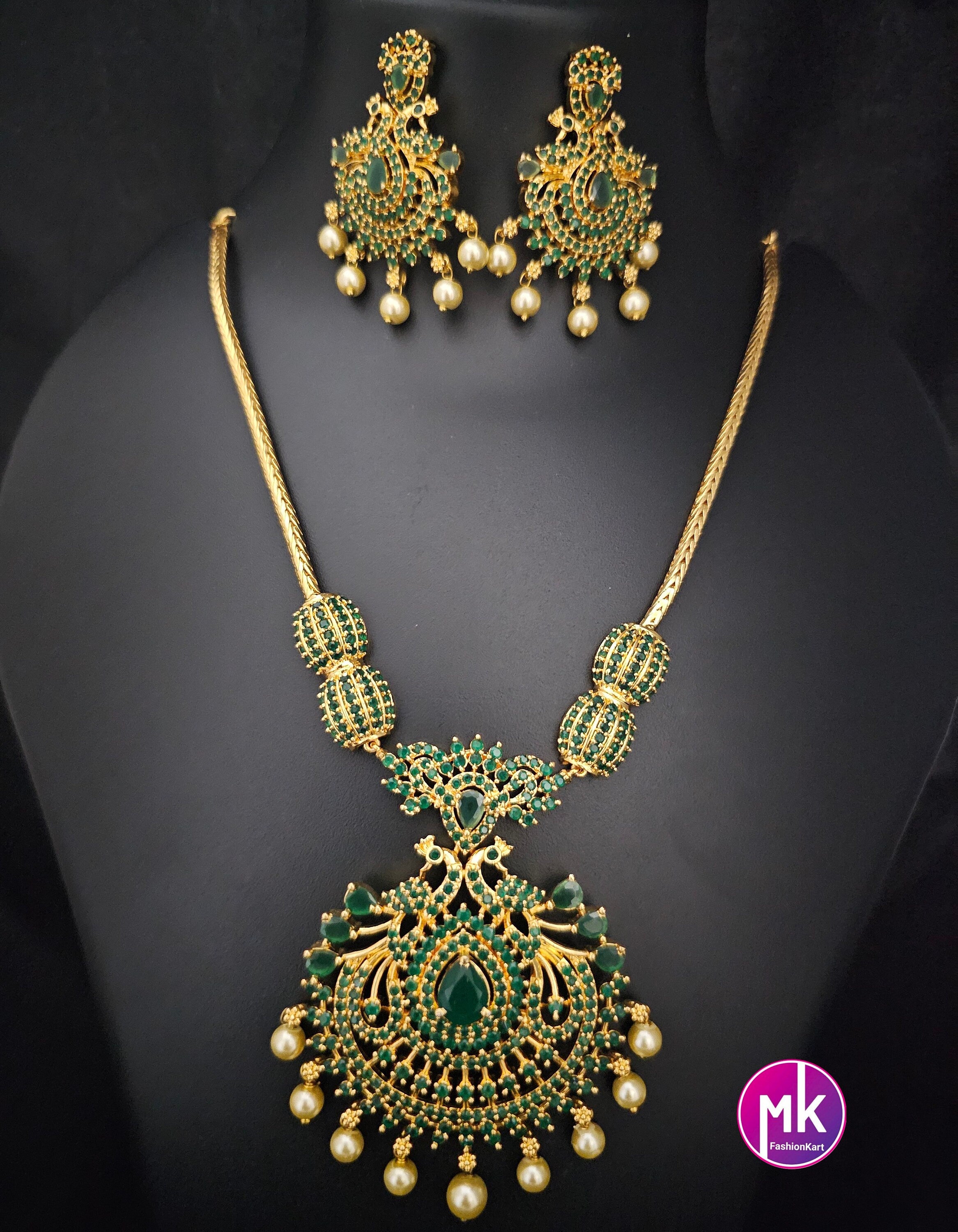 Premium Gold finish Peacock AD Emerald Stone Necklace with matching Earrings