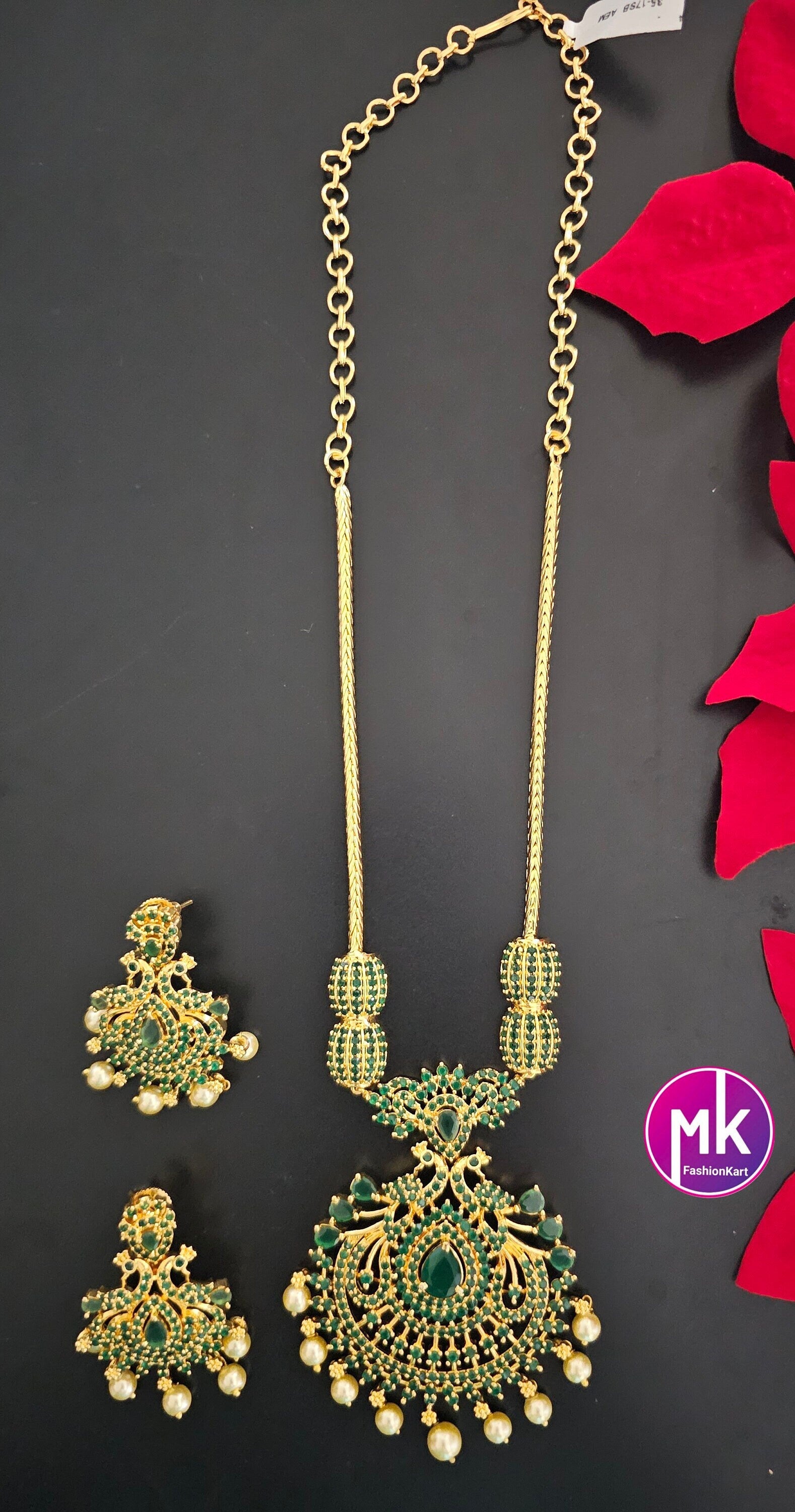 Premium Gold finish Peacock AD Emerald Stone Necklace with matching Earrings