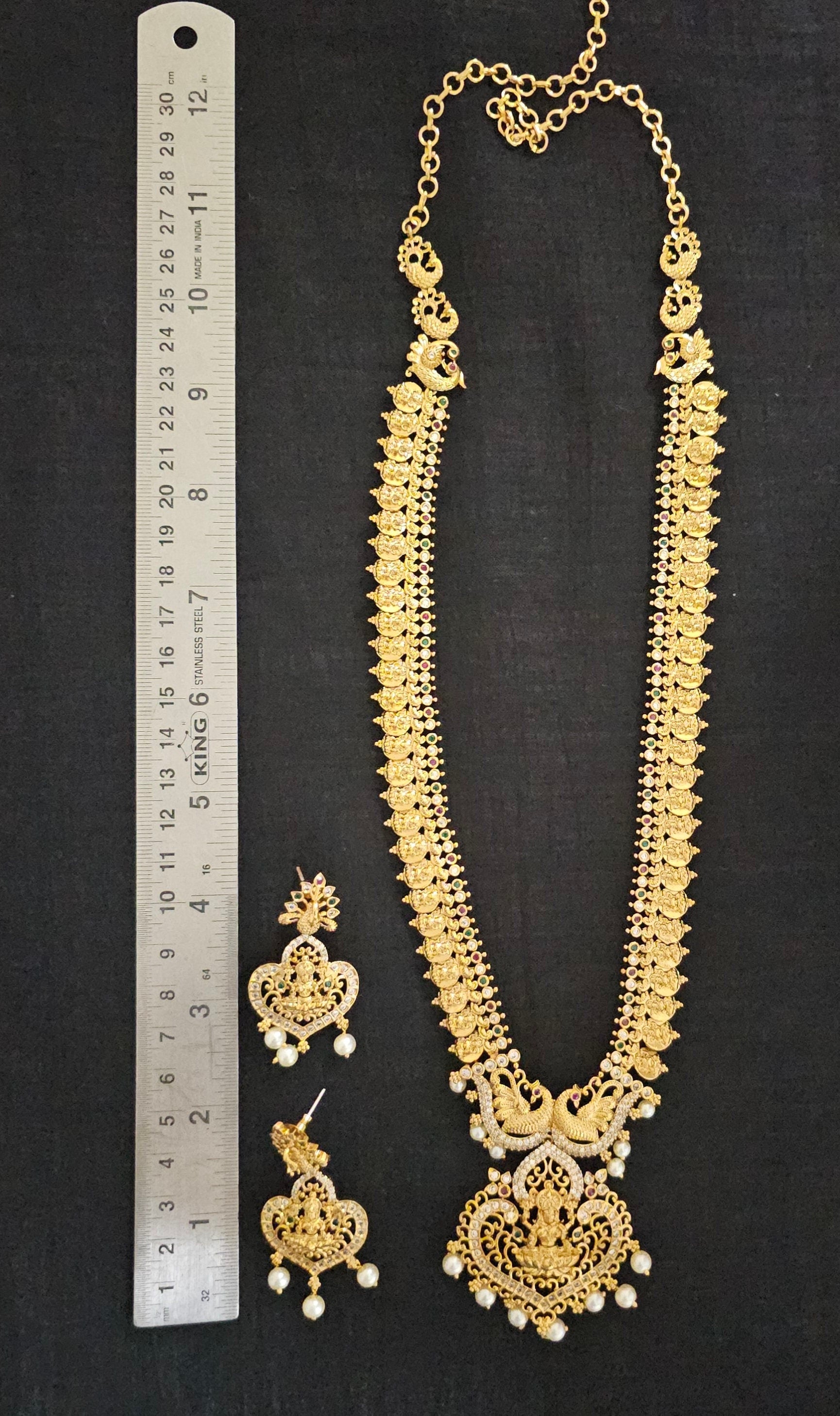 Premium Quality Lakshmi gold finish Haram with Lakshmi Earrings - Temple Jewelry - Ethnic Jewelry
