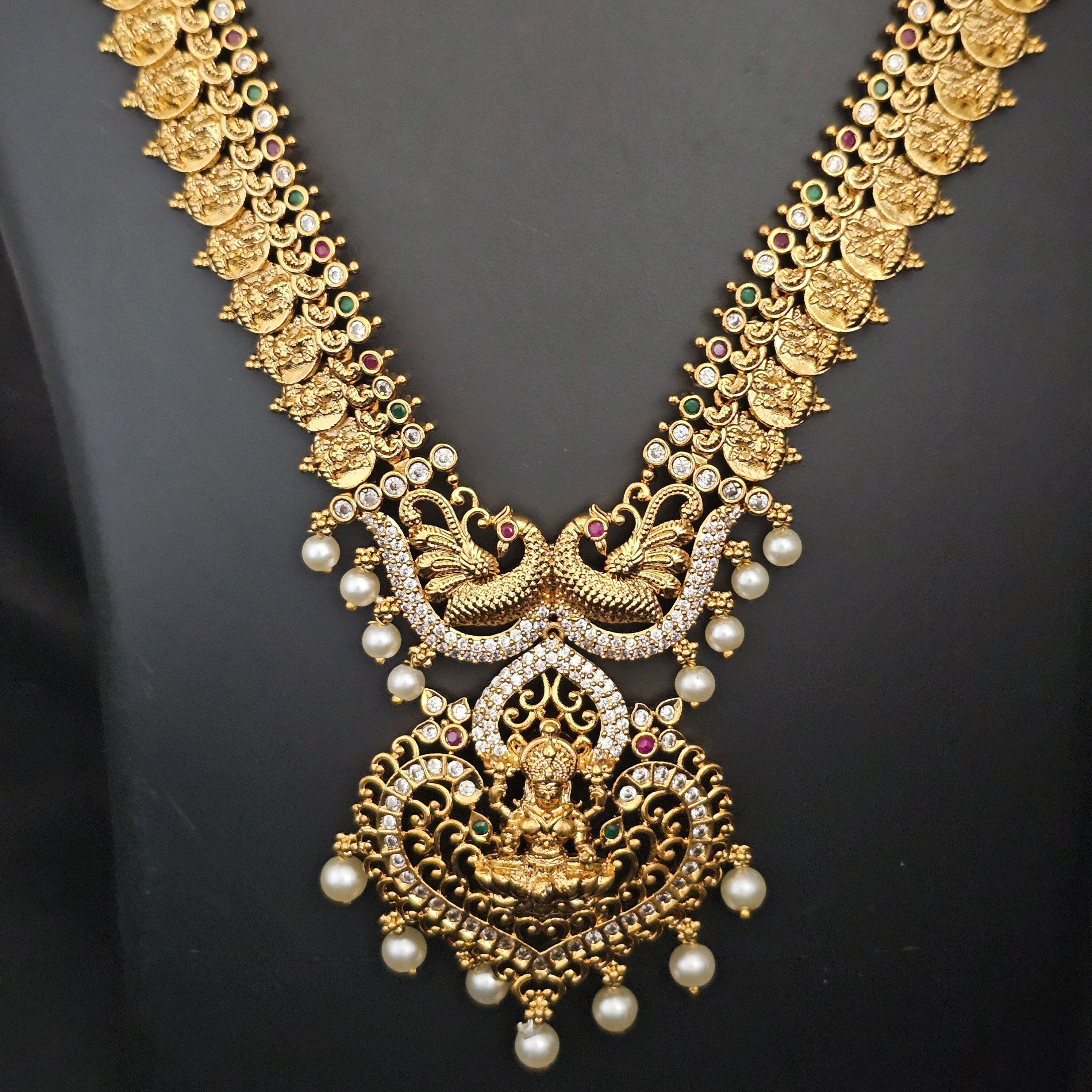 Premium Quality Lakshmi gold finish Haram with Lakshmi Earrings - Temple Jewelry - Ethnic Jewelry