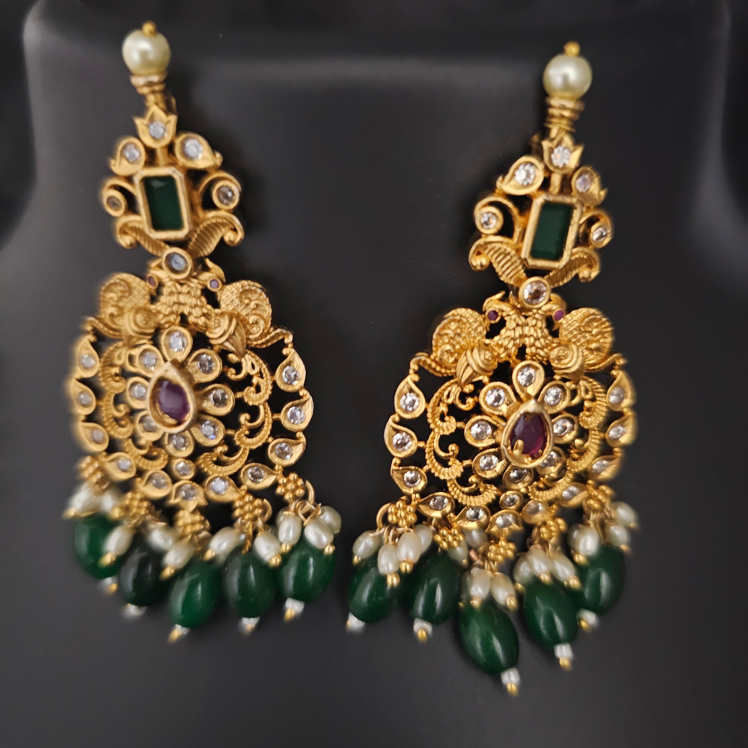 Peacock Premium quality Gold Jewelry Replica Haram with precious green bead hangings with matching Earrings