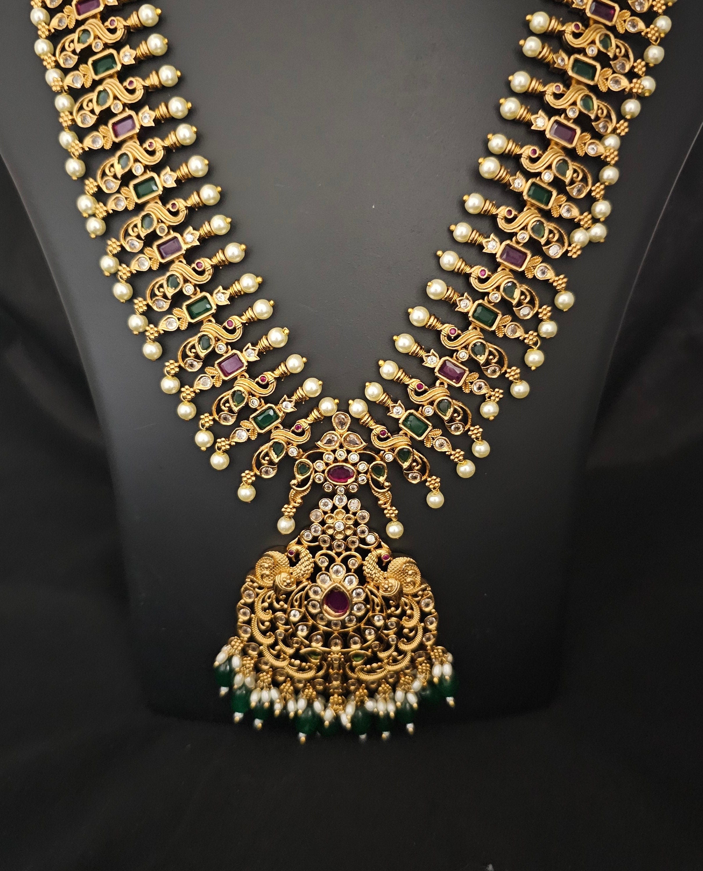 Peacock Premium quality Gold Jewelry Replica Haram with precious green bead hangings with matching Earrings