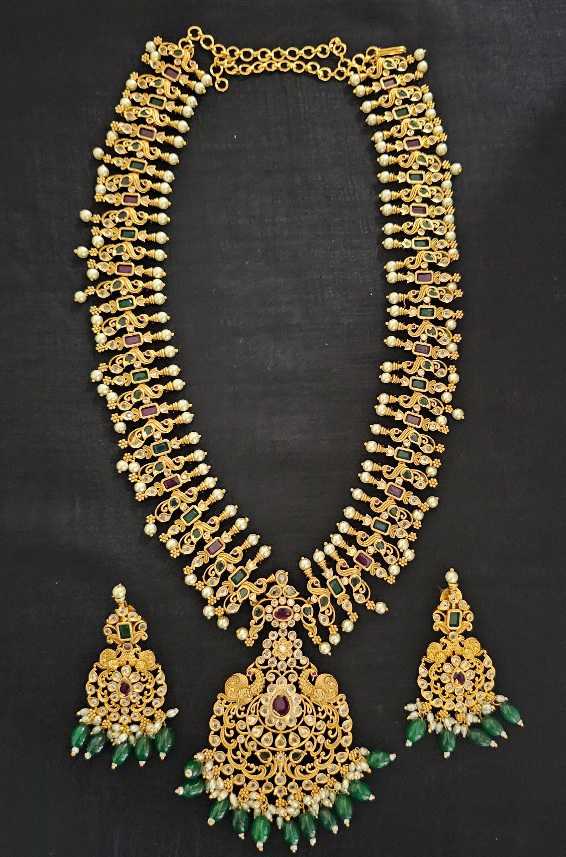 Peacock Premium quality Gold Jewelry Replica Haram with precious green bead hangings with matching Earrings