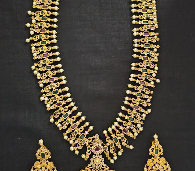 Peacock Premium quality Gold Jewelry Replica Haram with precious green bead hangings with matching Earrings