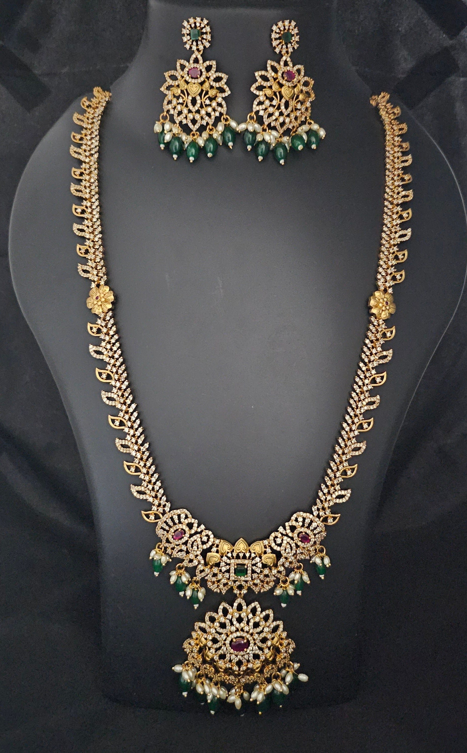 Premium quality Gold Jewelry Replica Haram with precious green bead hangings with matching Earrings - Ethnic Jewelry