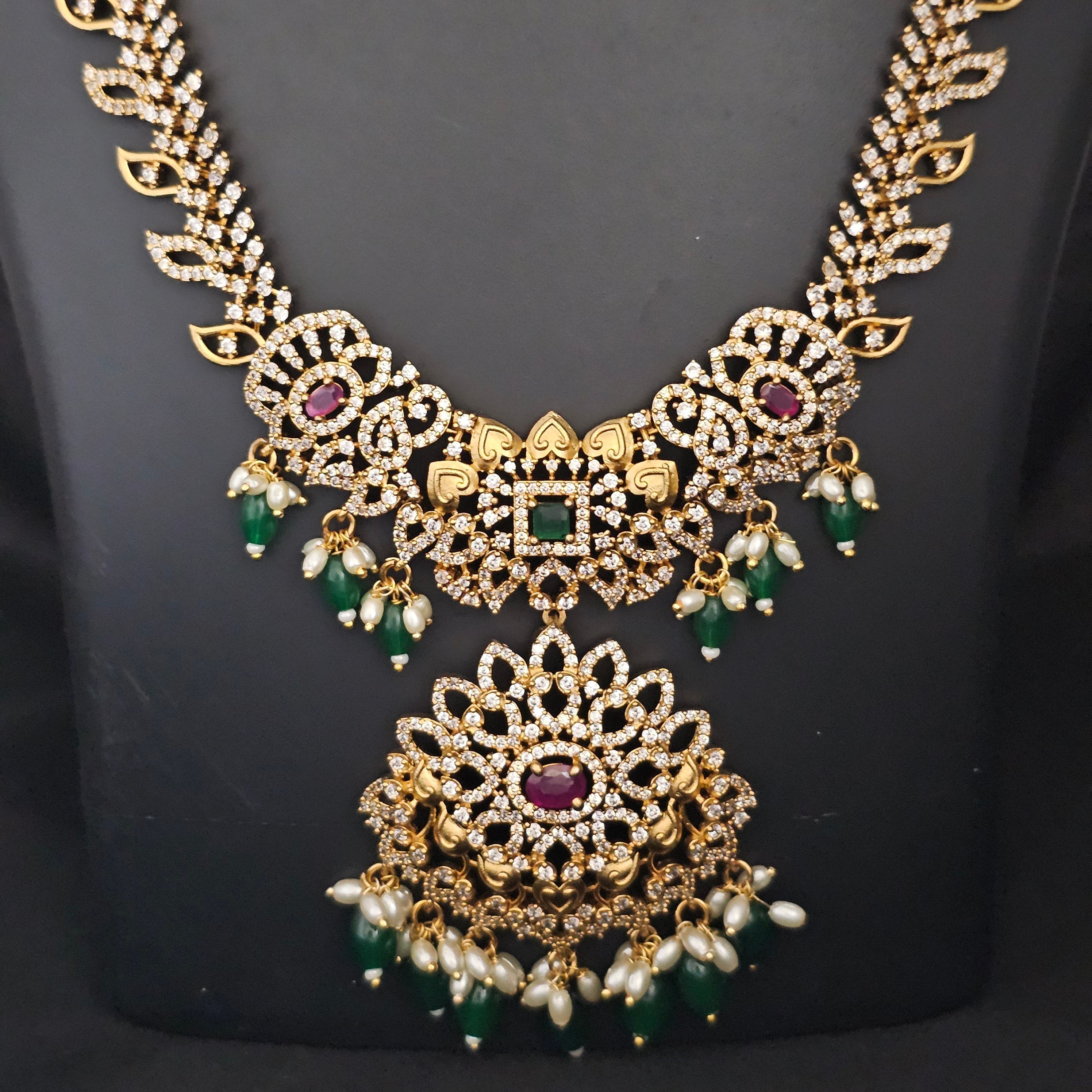 Premium quality Gold Jewelry Replica Haram with precious green bead hangings with matching Earrings - Ethnic Jewelry