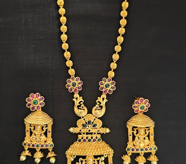 Gaja Lakshmi Gold Polish Necklace with matching big Earrings - Ethnic Jewelry